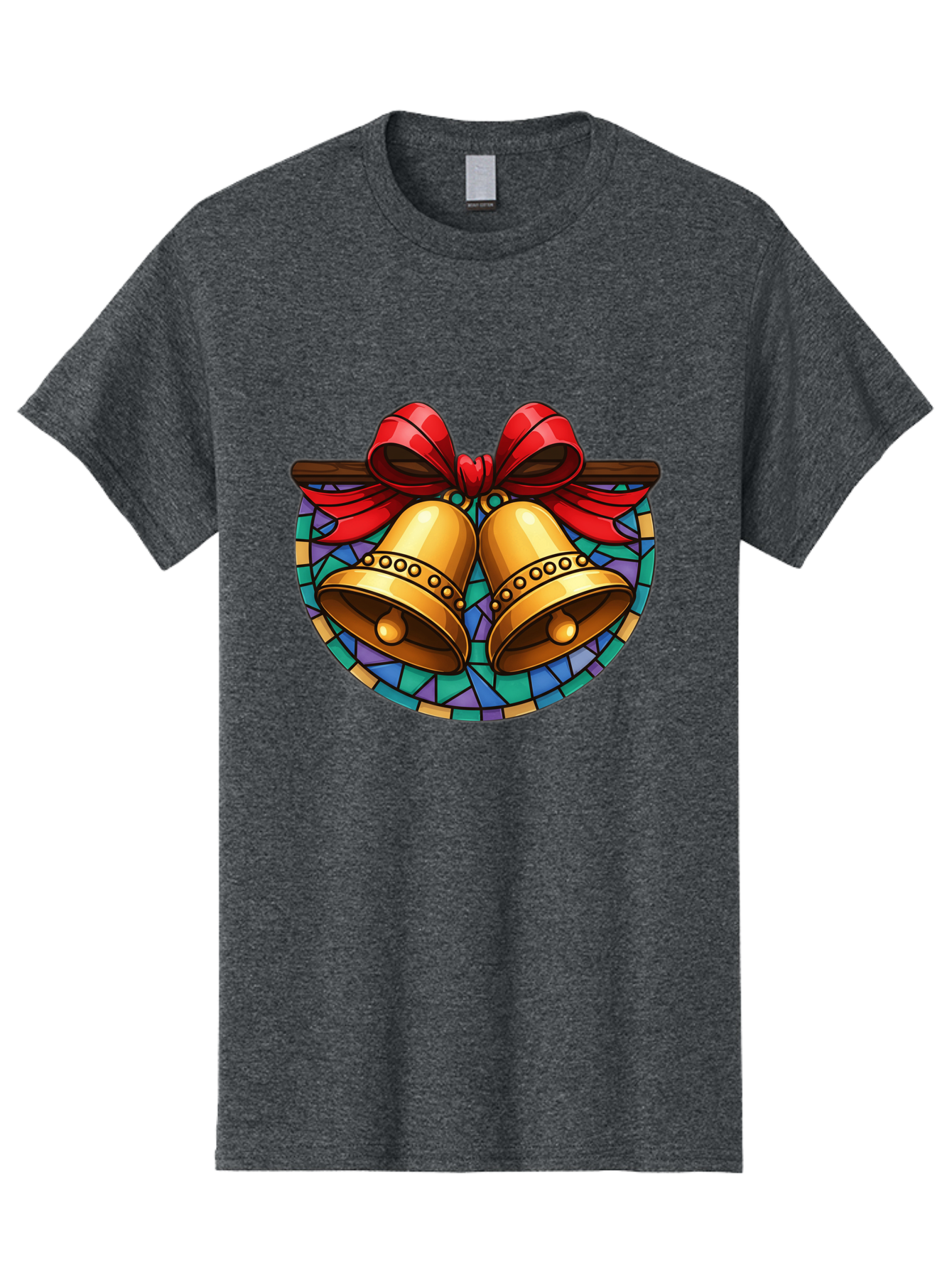 Christmas-Bells-Stained-Glass Men'S Graphic Tee, 100% Cotton, Comfortable Casual Summer Wear, Machine Washable, Golden Christmas Bells, Stained Glass, Red Ribbon, Festive Decorations, Holiday Cheer, Christmas Celebration, Vintage Style, Baa315