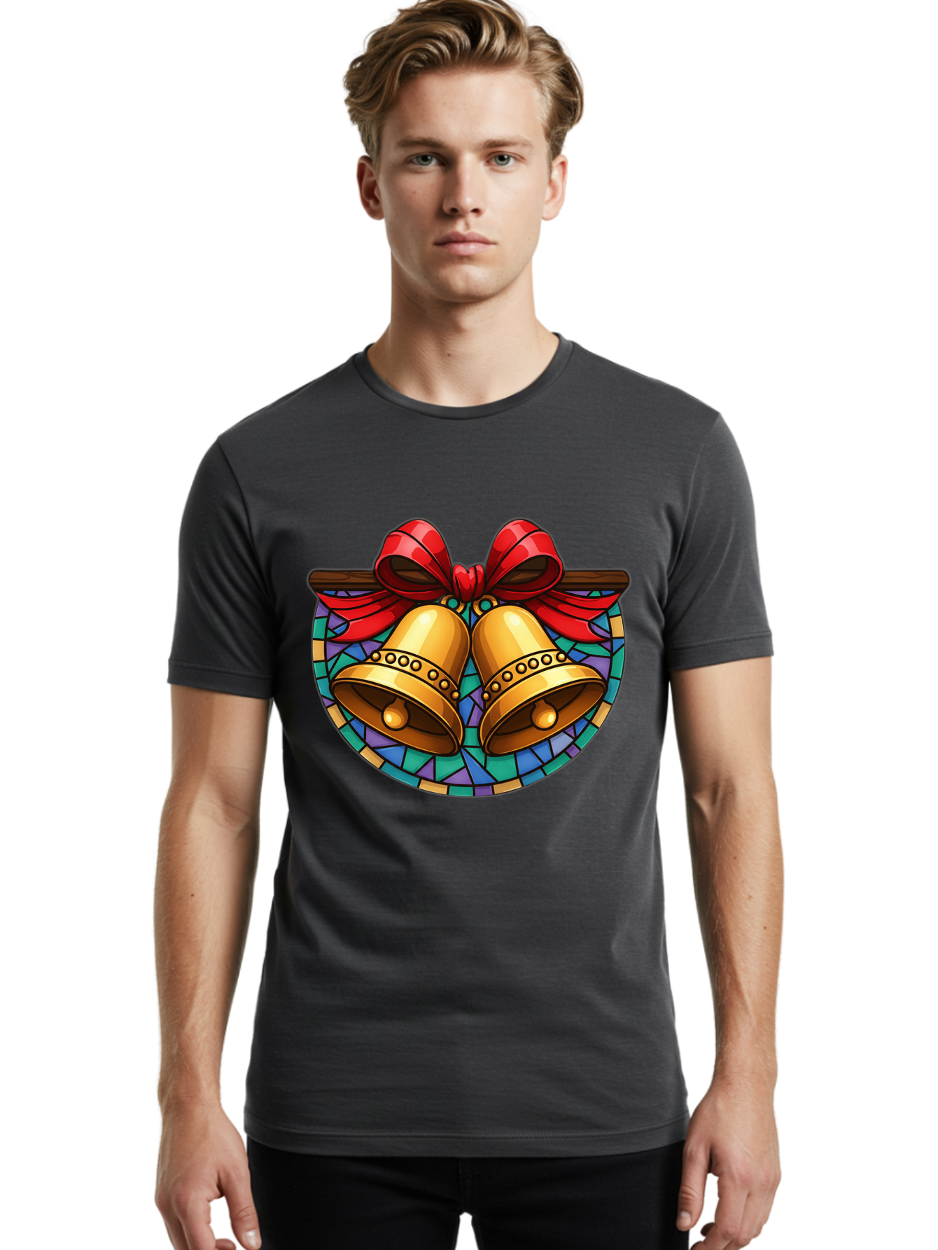 Christmas-Bells-Stained-Glass Men'S Graphic Tee, 100% Cotton, Comfortable Casual Summer Wear, Machine Washable, Golden Christmas Bells, Stained Glass, Red Ribbon, Festive Decorations, Holiday Cheer, Christmas Celebration, Vintage Style, Baa315