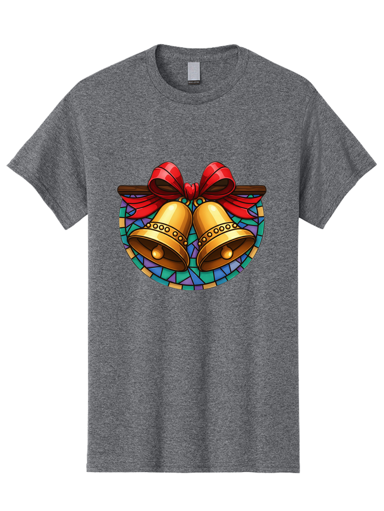 Christmas-Bells-Stained-Glass Men'S Graphic Tee, 100% Cotton, Comfortable Casual Summer Wear, Machine Washable, Golden Christmas Bells, Stained Glass, Red Ribbon, Festive Decorations, Holiday Cheer, Christmas Celebration, Vintage Style, Baa315