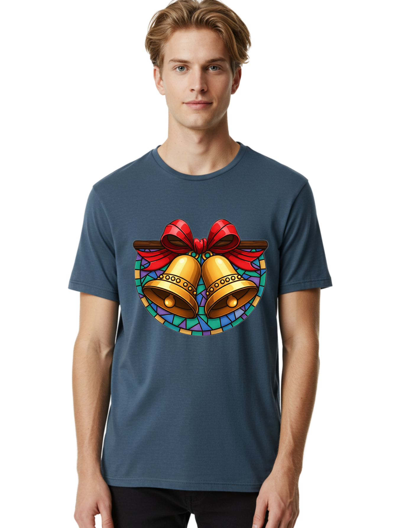 Christmas-Bells-Stained-Glass Men'S Graphic Tee, 100% Cotton, Comfortable Casual Summer Wear, Machine Washable, Golden Christmas Bells, Stained Glass, Red Ribbon, Festive Decorations, Holiday Cheer, Christmas Celebration, Vintage Style, Baa315
