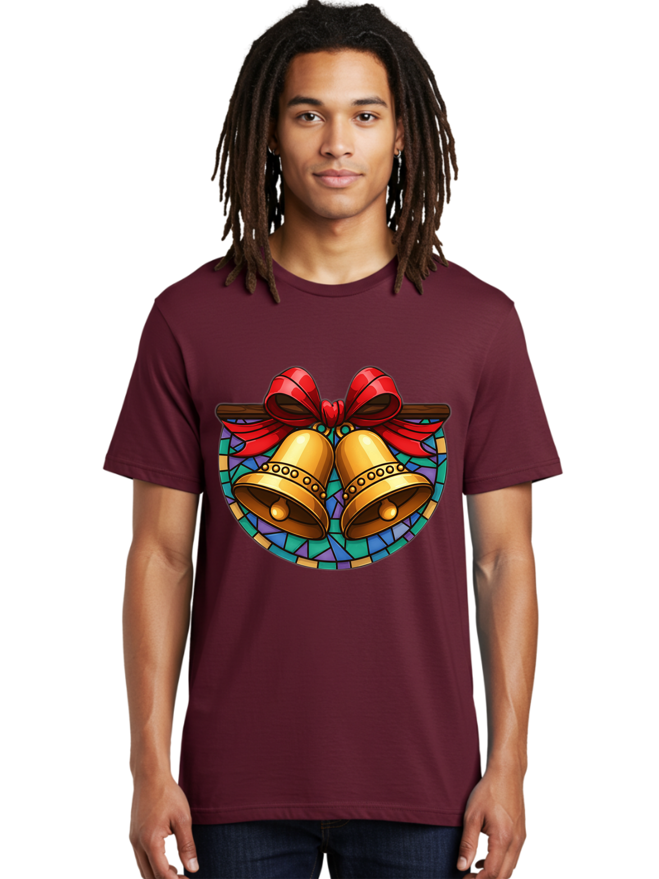 Christmas-Bells-Stained-Glass Men'S Graphic Tee, 100% Cotton, Comfortable Casual Summer Wear, Machine Washable, Golden Christmas Bells, Stained Glass, Red Ribbon, Festive Decorations, Holiday Cheer, Christmas Celebration, Vintage Style, Baa315