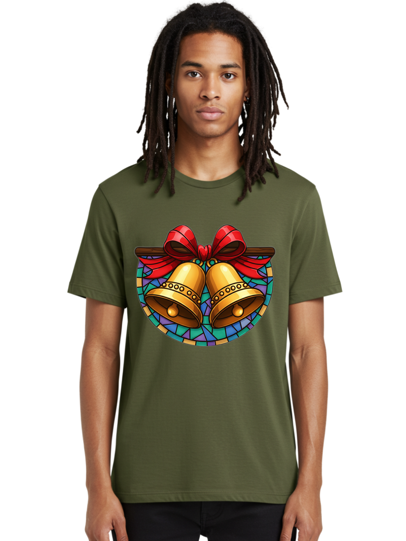 Christmas-Bells-Stained-Glass Men'S Graphic Tee, 100% Cotton, Comfortable Casual Summer Wear, Machine Washable, Golden Christmas Bells, Stained Glass, Red Ribbon, Festive Decorations, Holiday Cheer, Christmas Celebration, Vintage Style, Baa315