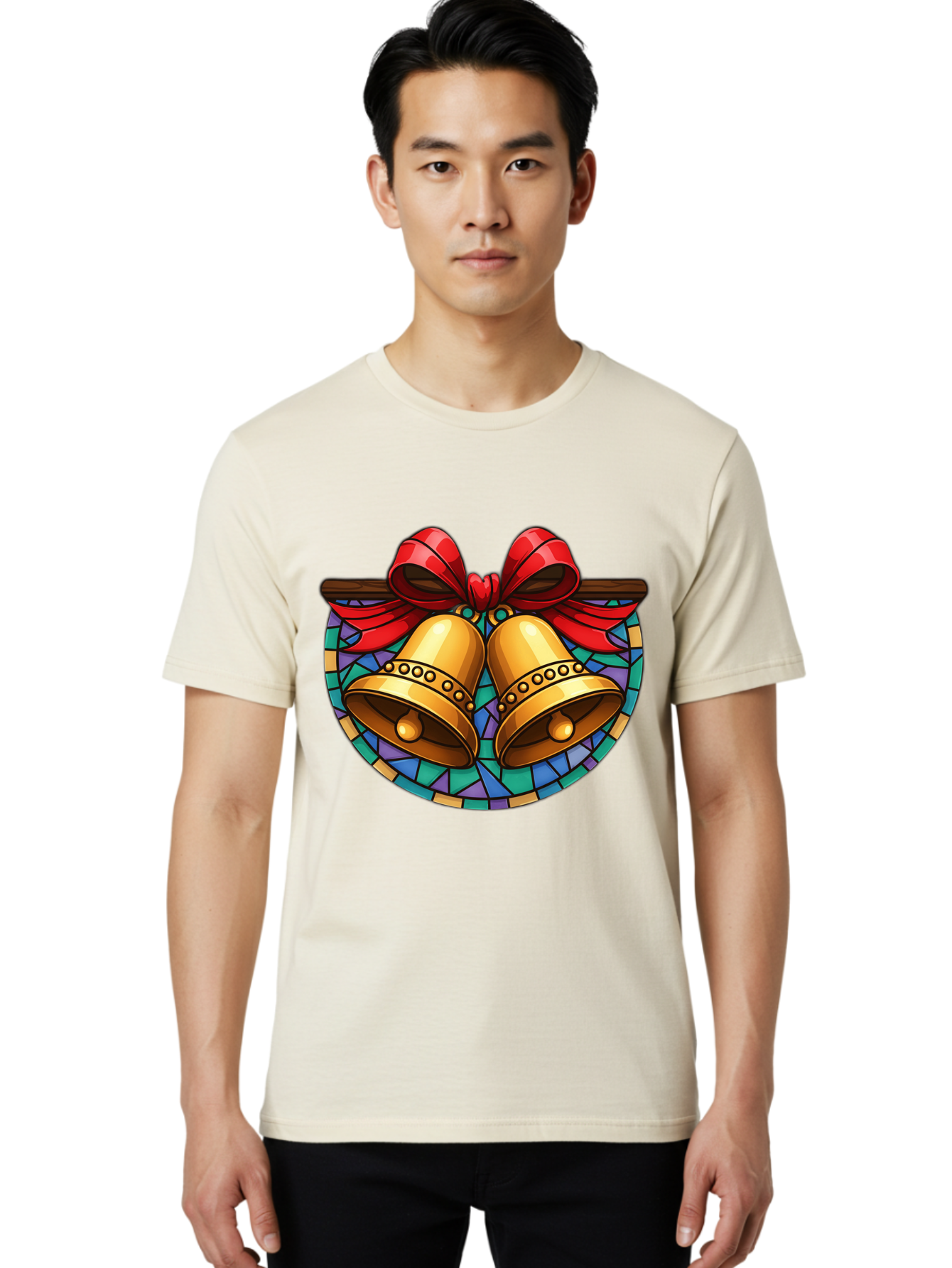 Christmas-Bells-Stained-Glass Men'S Graphic Tee, 100% Cotton, Comfortable Casual Summer Wear, Machine Washable, Golden Christmas Bells, Stained Glass, Red Ribbon, Festive Decorations, Holiday Cheer, Christmas Celebration, Vintage Style, Baa315