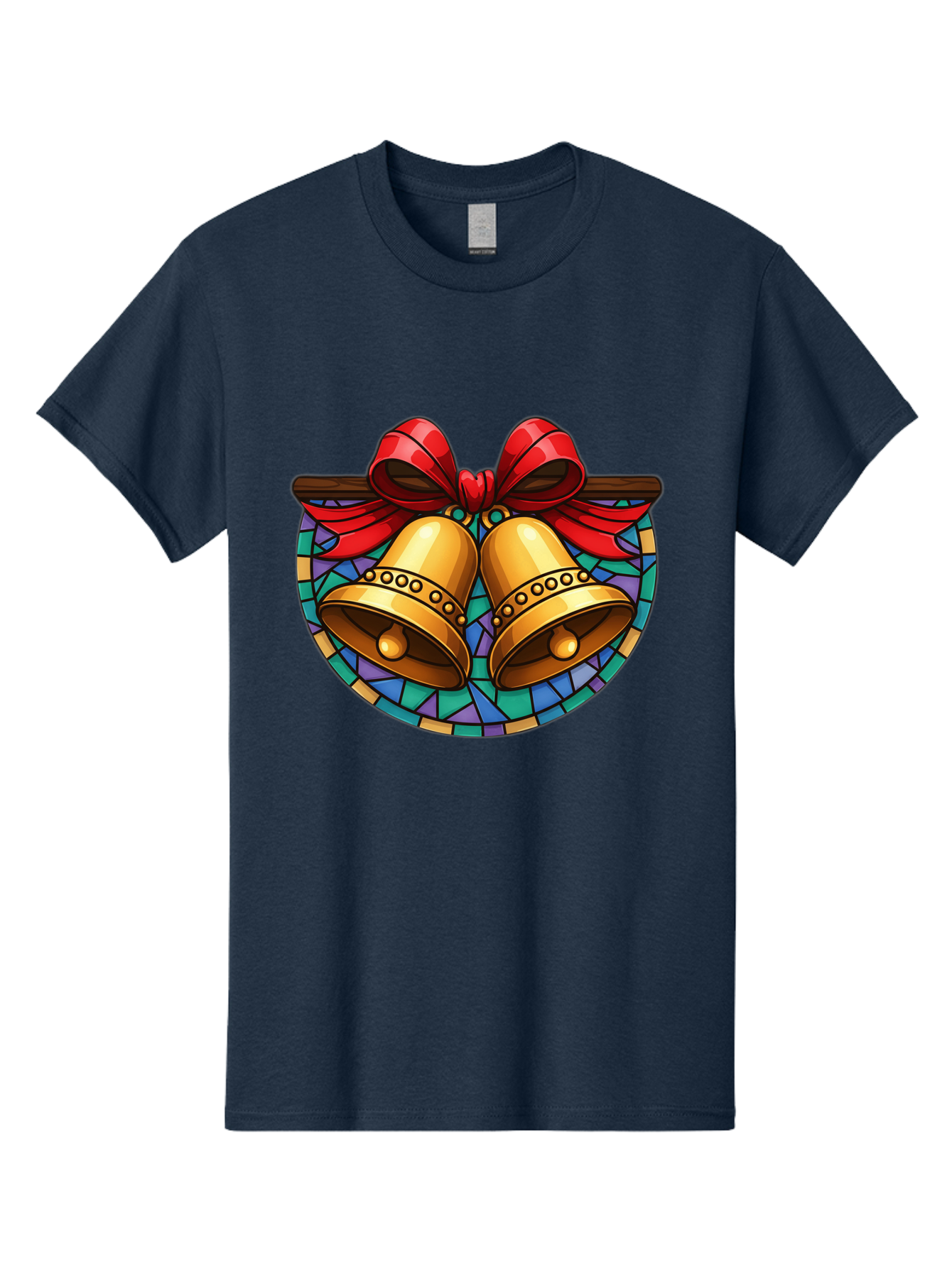 Christmas-Bells-Stained-Glass Men'S Graphic Tee, 100% Cotton, Comfortable Casual Summer Wear, Machine Washable, Golden Christmas Bells, Stained Glass, Red Ribbon, Festive Decorations, Holiday Cheer, Christmas Celebration, Vintage Style, Baa315
