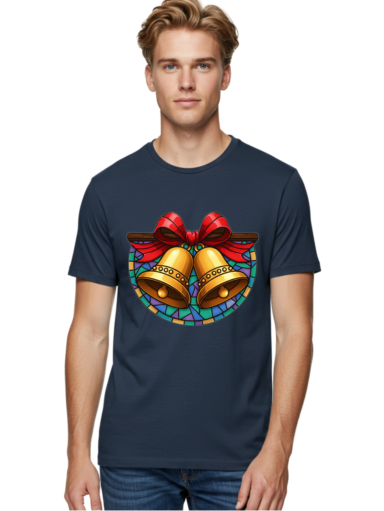 Christmas-Bells-Stained-Glass Men'S Graphic Tee, 100% Cotton, Comfortable Casual Summer Wear, Machine Washable, Golden Christmas Bells, Stained Glass, Red Ribbon, Festive Decorations, Holiday Cheer, Christmas Celebration, Vintage Style, Baa315