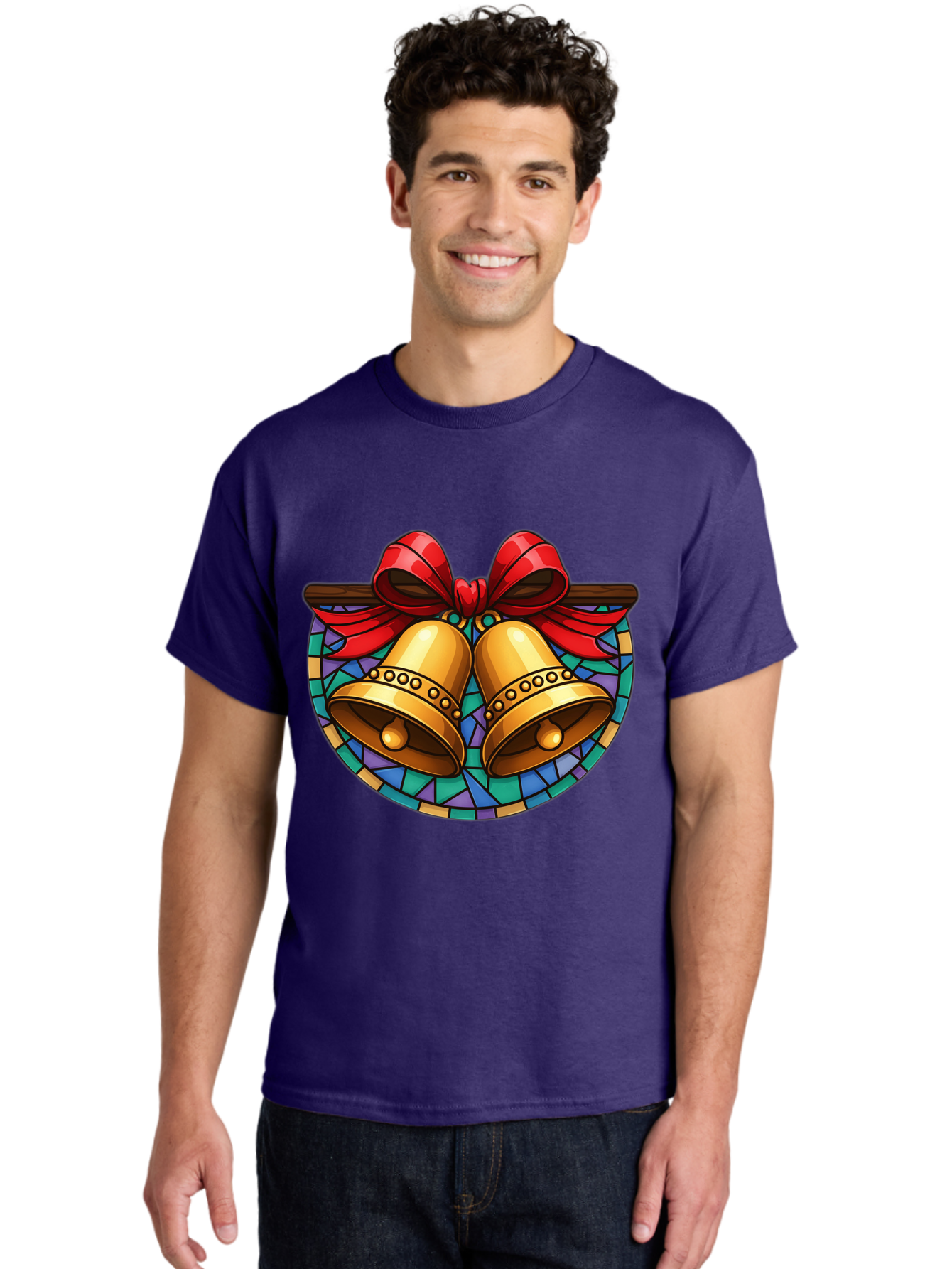 Christmas-Bells-Stained-Glass Men'S Graphic Tee, 100% Cotton, Comfortable Casual Summer Wear, Machine Washable, Golden Christmas Bells, Stained Glass, Red Ribbon, Festive Decorations, Holiday Cheer, Christmas Celebration, Vintage Style, Baa315