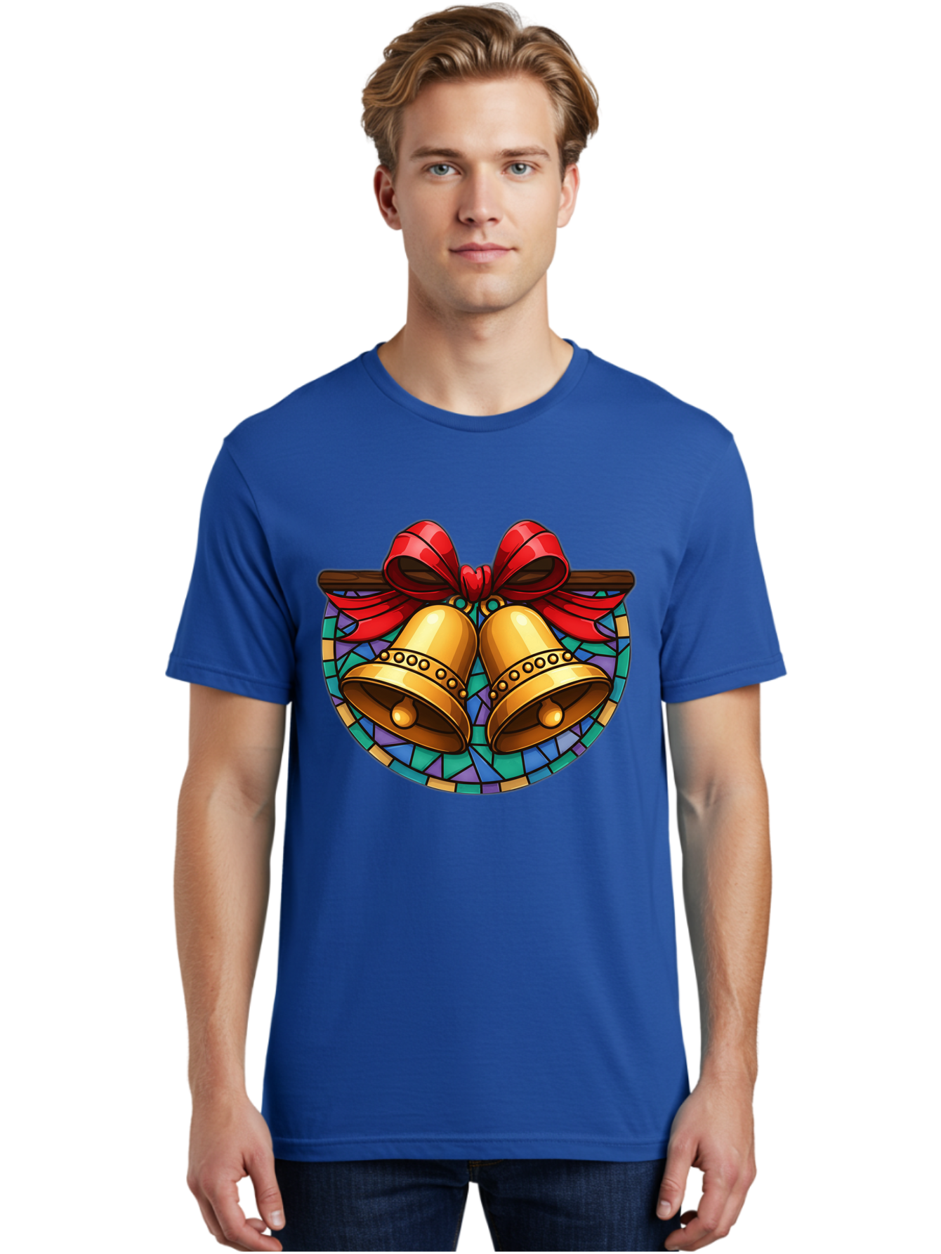 Christmas-Bells-Stained-Glass Men'S Graphic Tee, 100% Cotton, Comfortable Casual Summer Wear, Machine Washable, Golden Christmas Bells, Stained Glass, Red Ribbon, Festive Decorations, Holiday Cheer, Christmas Celebration, Vintage Style, Baa315