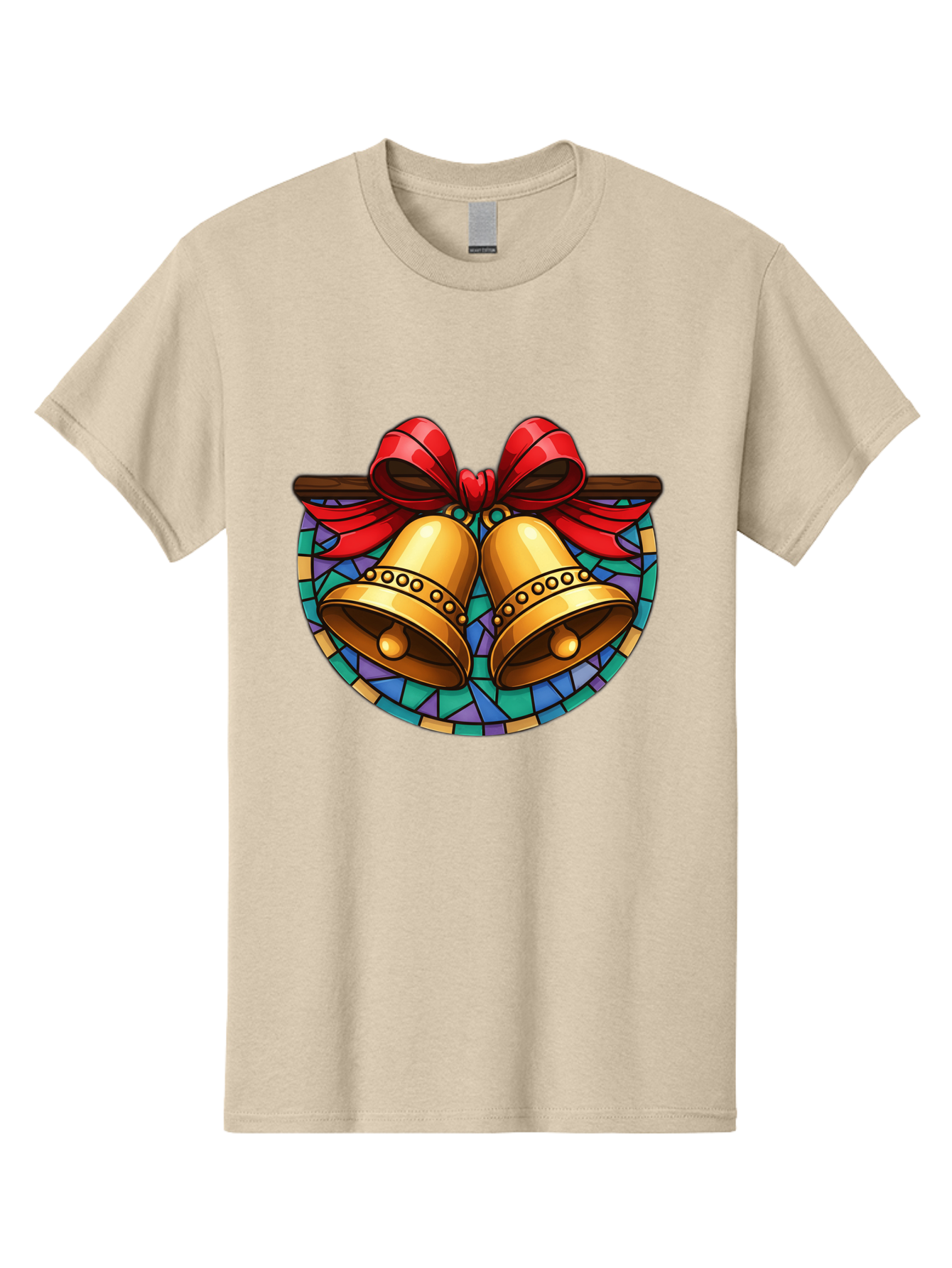 Christmas-Bells-Stained-Glass Men'S Graphic Tee, 100% Cotton, Comfortable Casual Summer Wear, Machine Washable, Golden Christmas Bells, Stained Glass, Red Ribbon, Festive Decorations, Holiday Cheer, Christmas Celebration, Vintage Style, Baa315