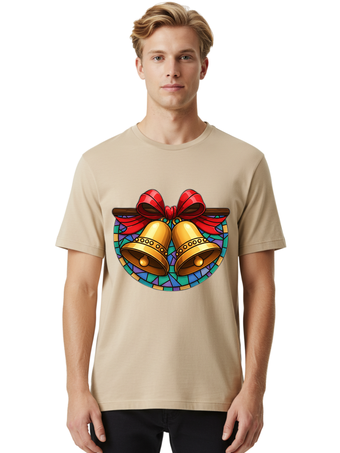 Christmas-Bells-Stained-Glass Men'S Graphic Tee, 100% Cotton, Comfortable Casual Summer Wear, Machine Washable, Golden Christmas Bells, Stained Glass, Red Ribbon, Festive Decorations, Holiday Cheer, Christmas Celebration, Vintage Style, Baa315