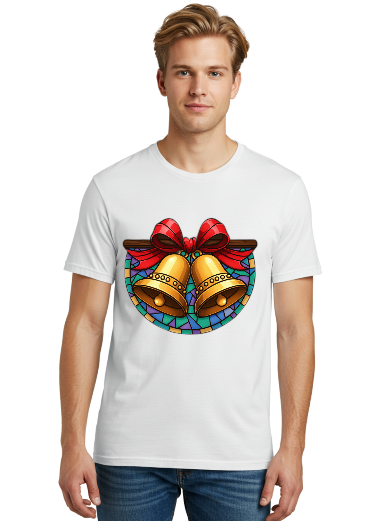 Christmas-Bells-Stained-Glass Men'S Graphic Tee, 100% Cotton, Comfortable Casual Summer Wear, Machine Washable, Golden Christmas Bells, Stained Glass, Red Ribbon, Festive Decorations, Holiday Cheer, Christmas Celebration, Vintage Style, Baa315