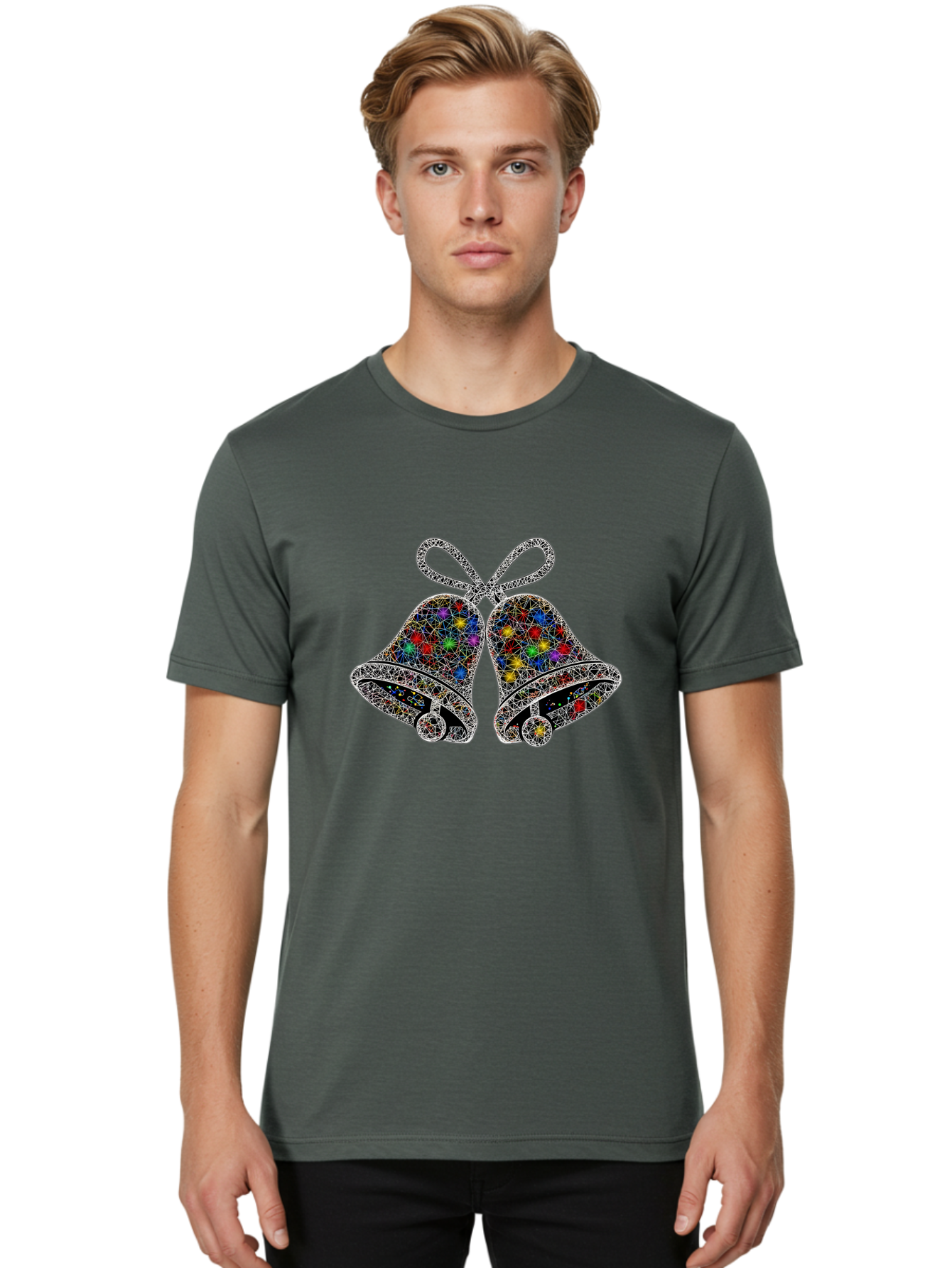 Christmas-Bells Men'S Graphic Tee, 100% Cotton, Comfortable Casual Summer Wear, Machine Washable, Holiday Bells, Colorful Jewels, Festive Decorations, Christmas Symbols, Shiny Ornaments, Celebratory Icons, Sparkling Decorations, Festive Cheer Baa316