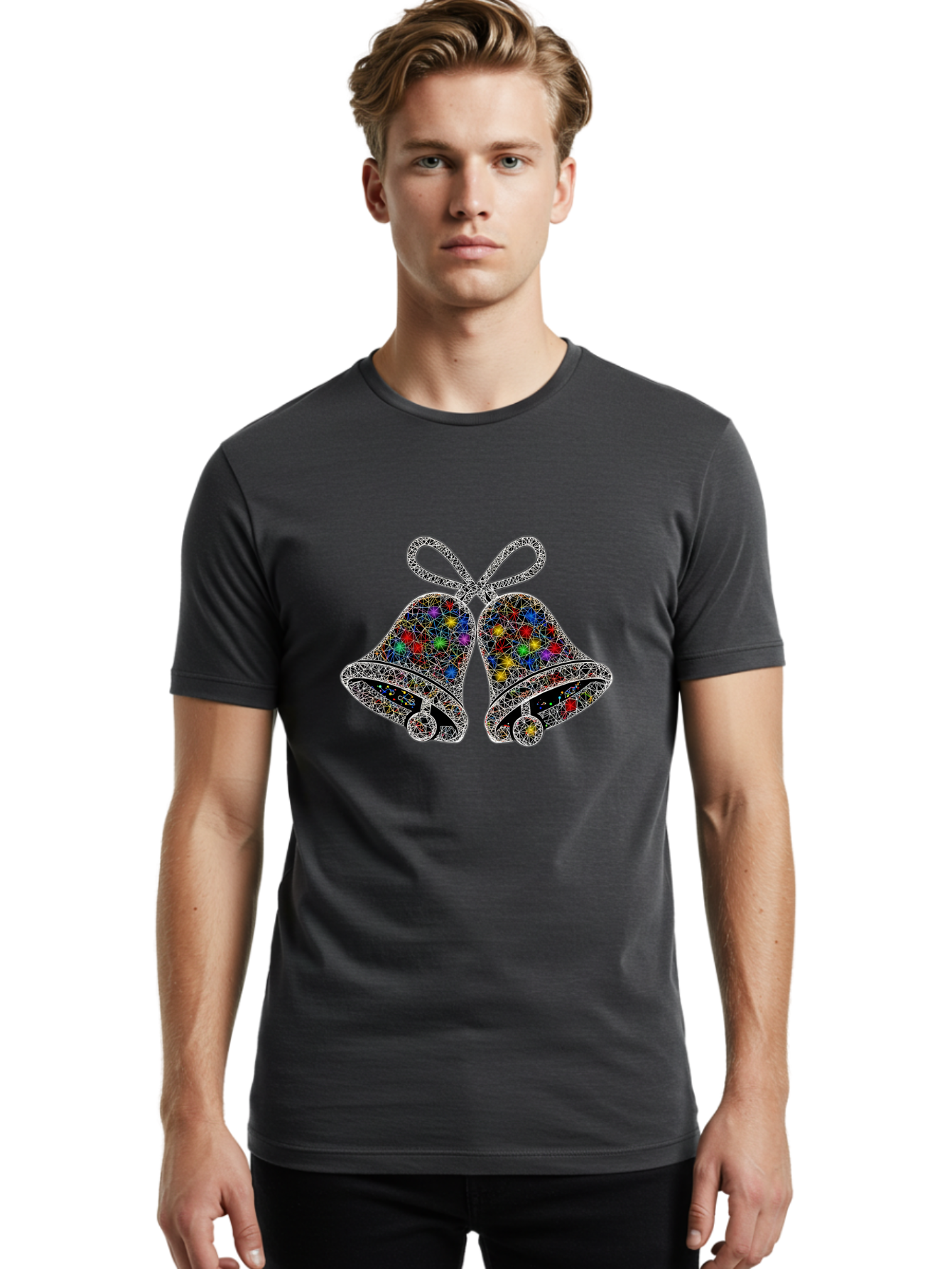 Christmas-Bells Men'S Graphic Tee, 100% Cotton, Comfortable Casual Summer Wear, Machine Washable, Holiday Bells, Colorful Jewels, Festive Decorations, Christmas Symbols, Shiny Ornaments, Celebratory Icons, Sparkling Decorations, Festive Cheer Baa316