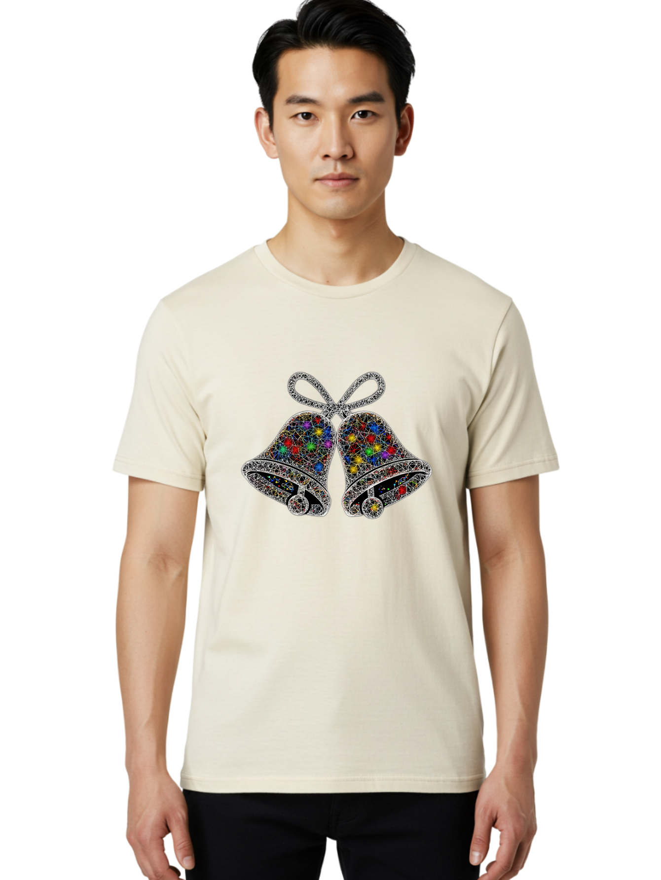 Christmas-Bells Men'S Graphic Tee, 100% Cotton, Comfortable Casual Summer Wear, Machine Washable, Holiday Bells, Colorful Jewels, Festive Decorations, Christmas Symbols, Shiny Ornaments, Celebratory Icons, Sparkling Decorations, Festive Cheer Baa316
