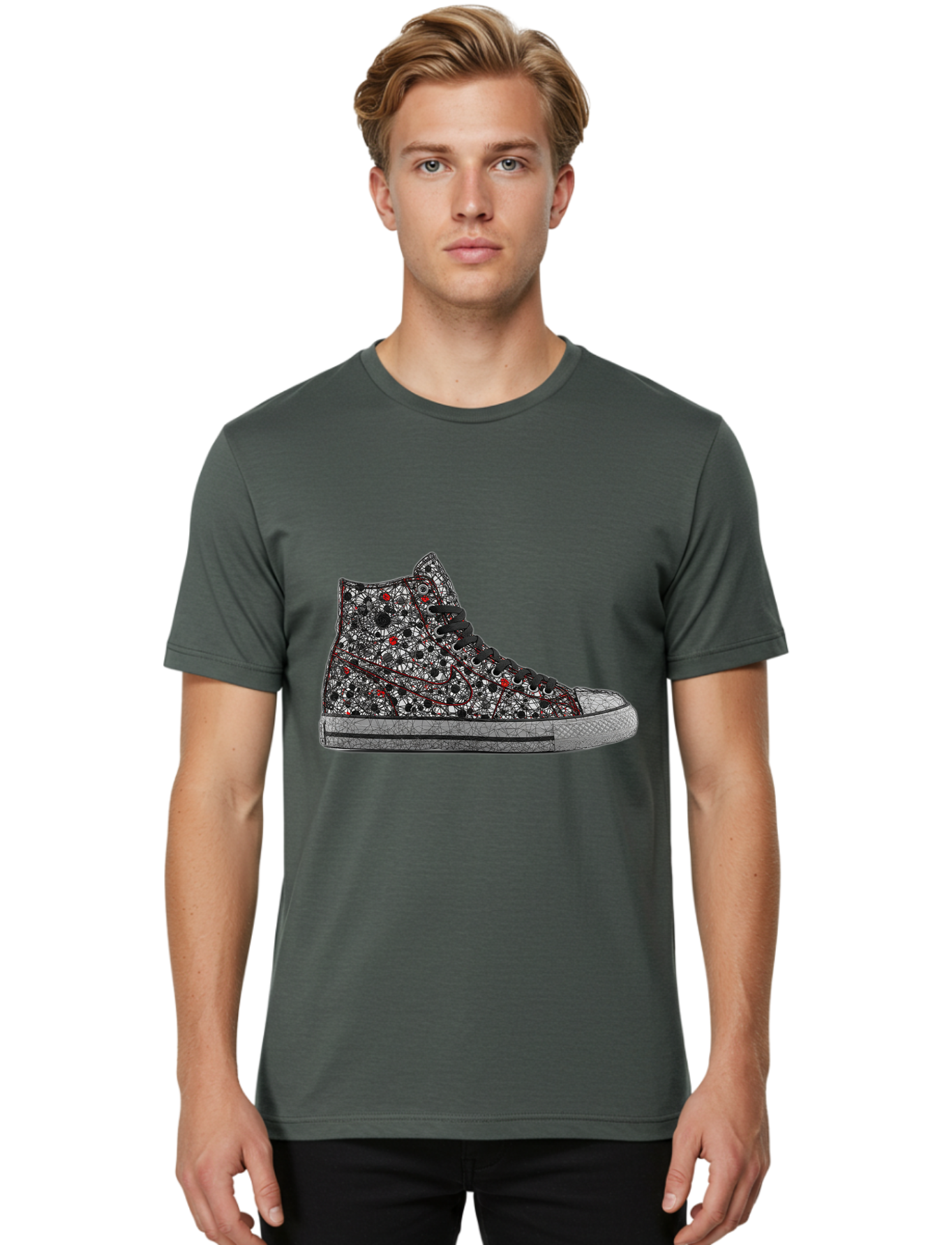 Chuck-Taylor-All-Star Men'S Graphic Tee, 100% Cotton, Comfortable Casual Summer Wear, Machine Washable, High Top Sneakers, Chunky Sole, Lace-Up Design, Floral Pattern, Bold Fashion, Statement Shoes, Converse Style, Canvas Material, Baa317