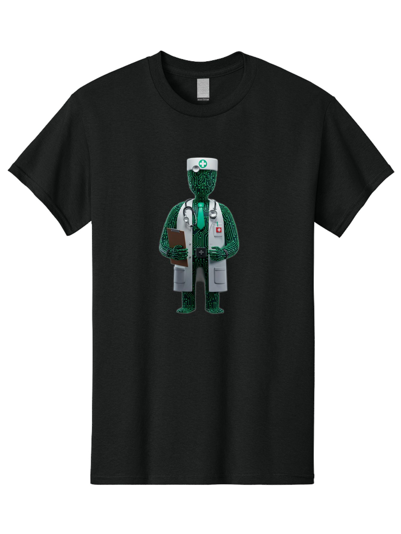Circuit-Doctor Men'S Graphic Tee, 100% Cotton, Comfortable Casual Summer Wear, Machine Washable, Circuit Board Humanoid Doctor, Medical Professional, Stethoscope Around Neck, Clipboard In Hand, White Lab Coat, Red Cross Emblem, Baa320