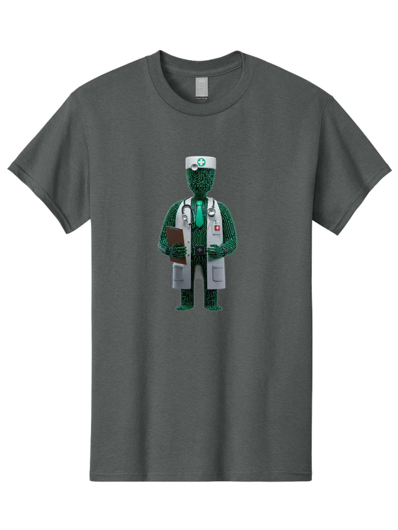 Circuit-Doctor Men'S Graphic Tee, 100% Cotton, Comfortable Casual Summer Wear, Machine Washable, Circuit Board Humanoid Doctor, Medical Professional, Stethoscope Around Neck, Clipboard In Hand, White Lab Coat, Red Cross Emblem, Baa320