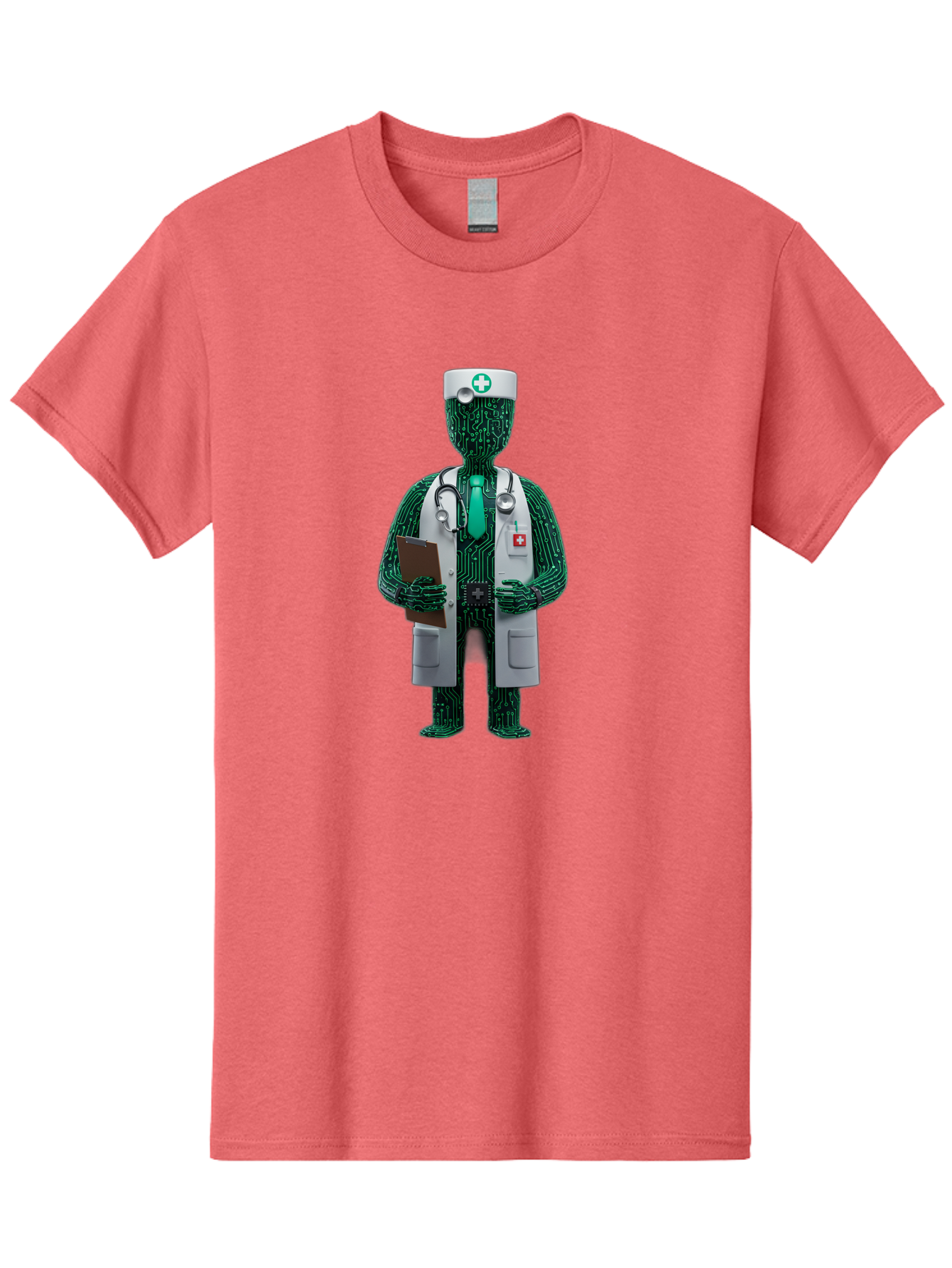 Circuit-Doctor Men'S Graphic Tee, 100% Cotton, Comfortable Casual Summer Wear, Machine Washable, Circuit Board Humanoid Doctor, Medical Professional, Stethoscope Around Neck, Clipboard In Hand, White Lab Coat, Red Cross Emblem, Baa320