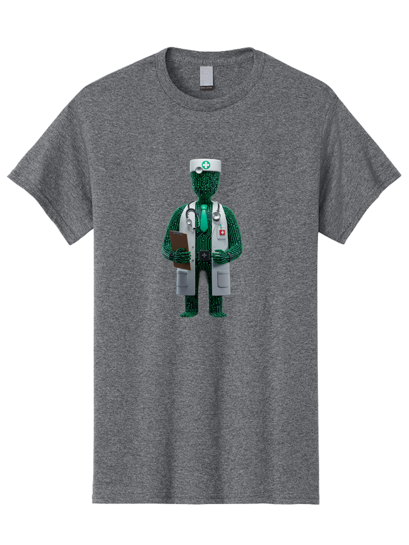 Circuit-Doctor Men'S Graphic Tee, 100% Cotton, Comfortable Casual Summer Wear, Machine Washable, Circuit Board Humanoid Doctor, Medical Professional, Stethoscope Around Neck, Clipboard In Hand, White Lab Coat, Red Cross Emblem, Baa320