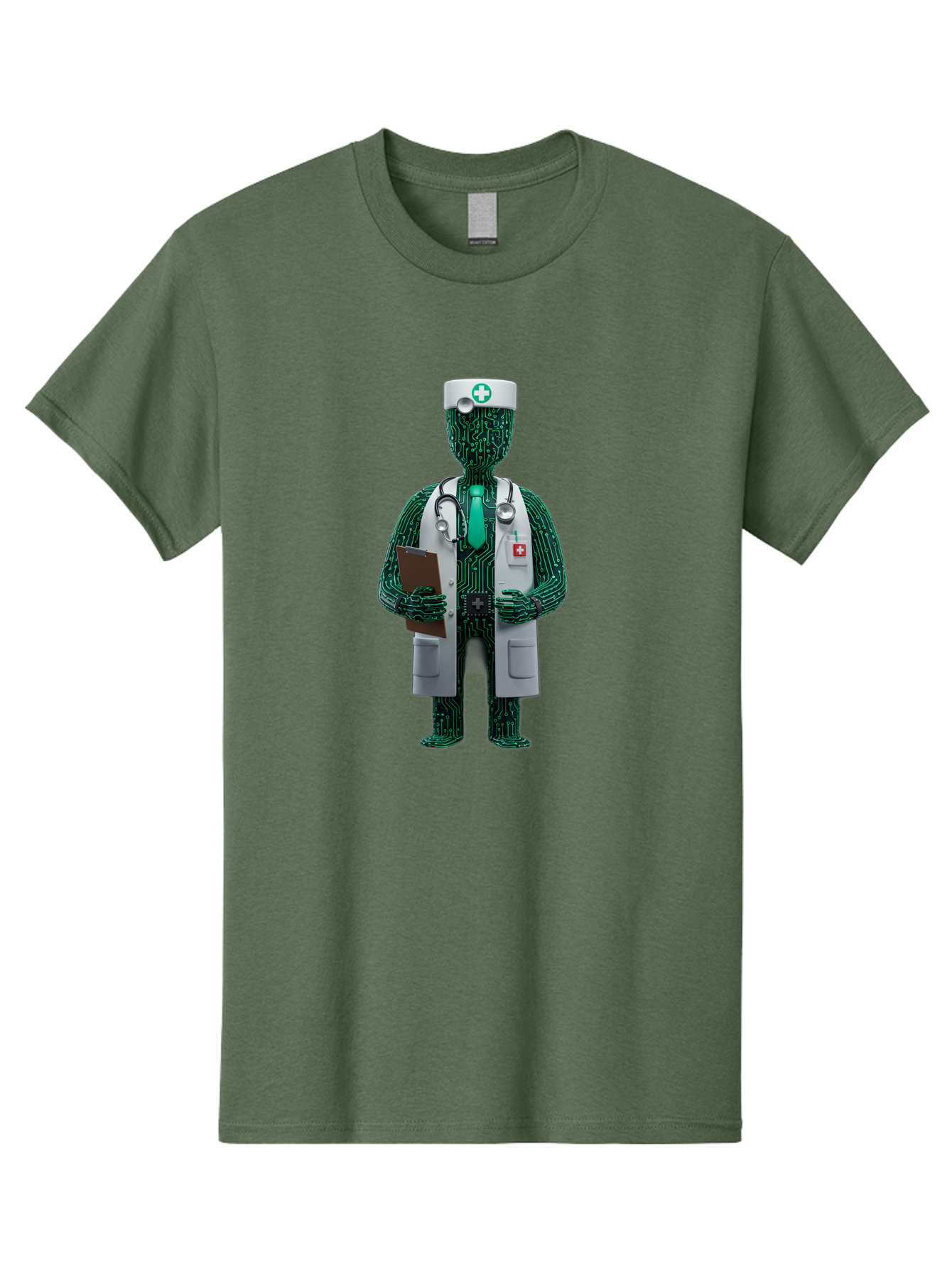 Circuit-Doctor Men'S Graphic Tee, 100% Cotton, Comfortable Casual Summer Wear, Machine Washable, Circuit Board Humanoid Doctor, Medical Professional, Stethoscope Around Neck, Clipboard In Hand, White Lab Coat, Red Cross Emblem, Baa320