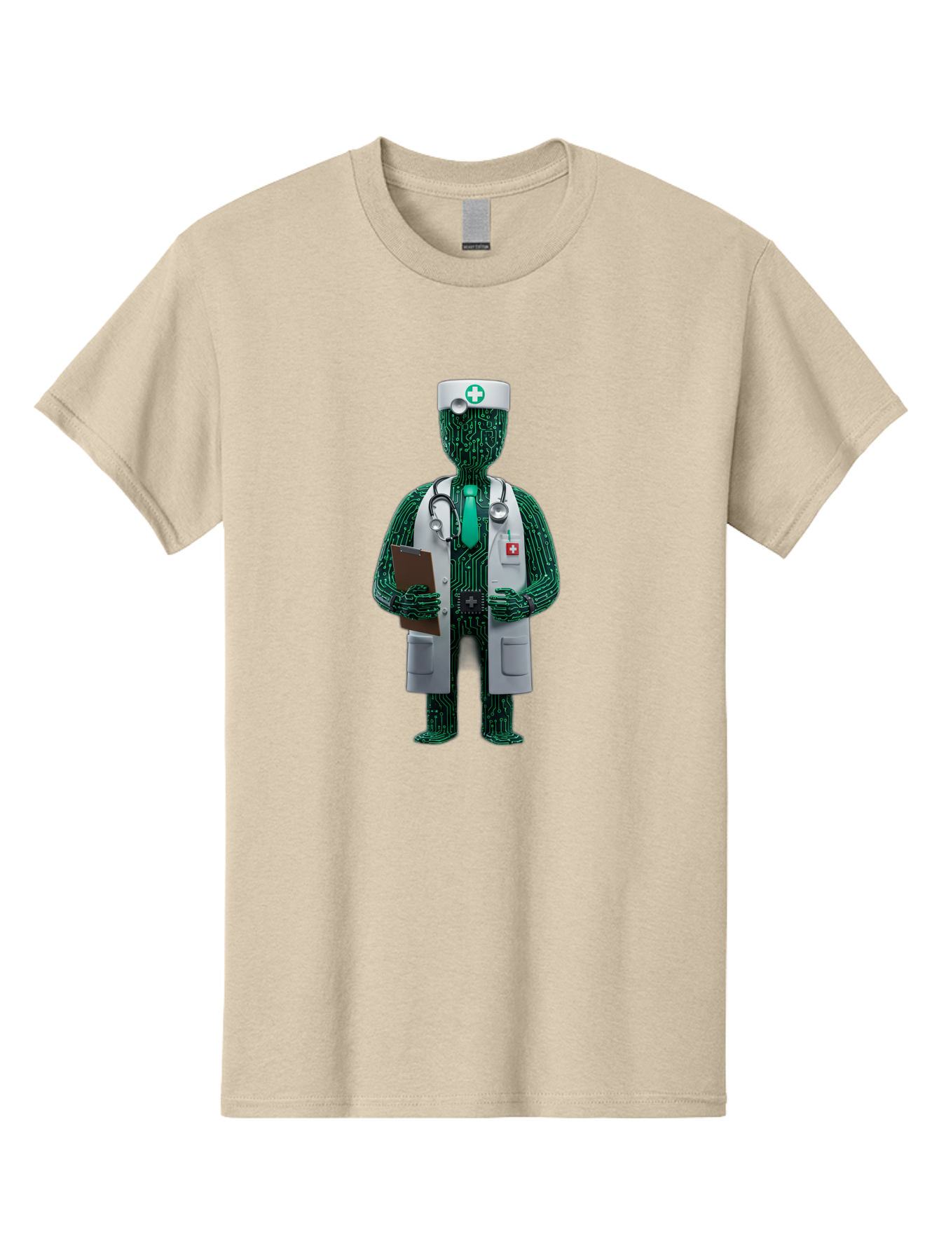 Circuit-Doctor Men'S Graphic Tee, 100% Cotton, Comfortable Casual Summer Wear, Machine Washable, Circuit Board Humanoid Doctor, Medical Professional, Stethoscope Around Neck, Clipboard In Hand, White Lab Coat, Red Cross Emblem, Baa320