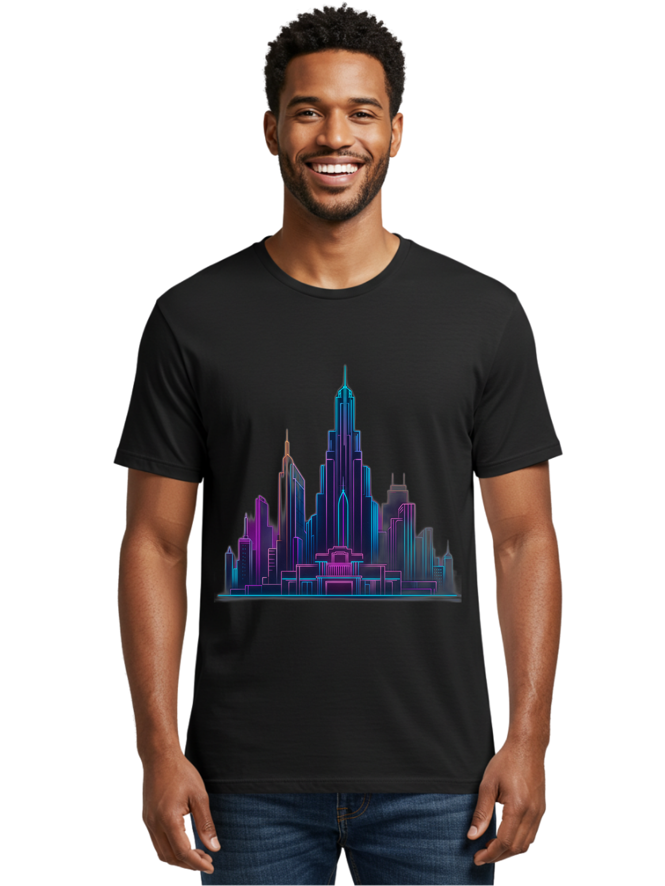 Cityscape-Skyscrapers Men'S Graphic Tee, 100% Cotton, Comfortable Casual Summer Wear, Machine Washable, City Skyline, Futuristic Architecture, Neon Lights, Modern Buildings, Urban Landscape, Skyscrapers, Cityscape, Contemporary Design, Baa321
