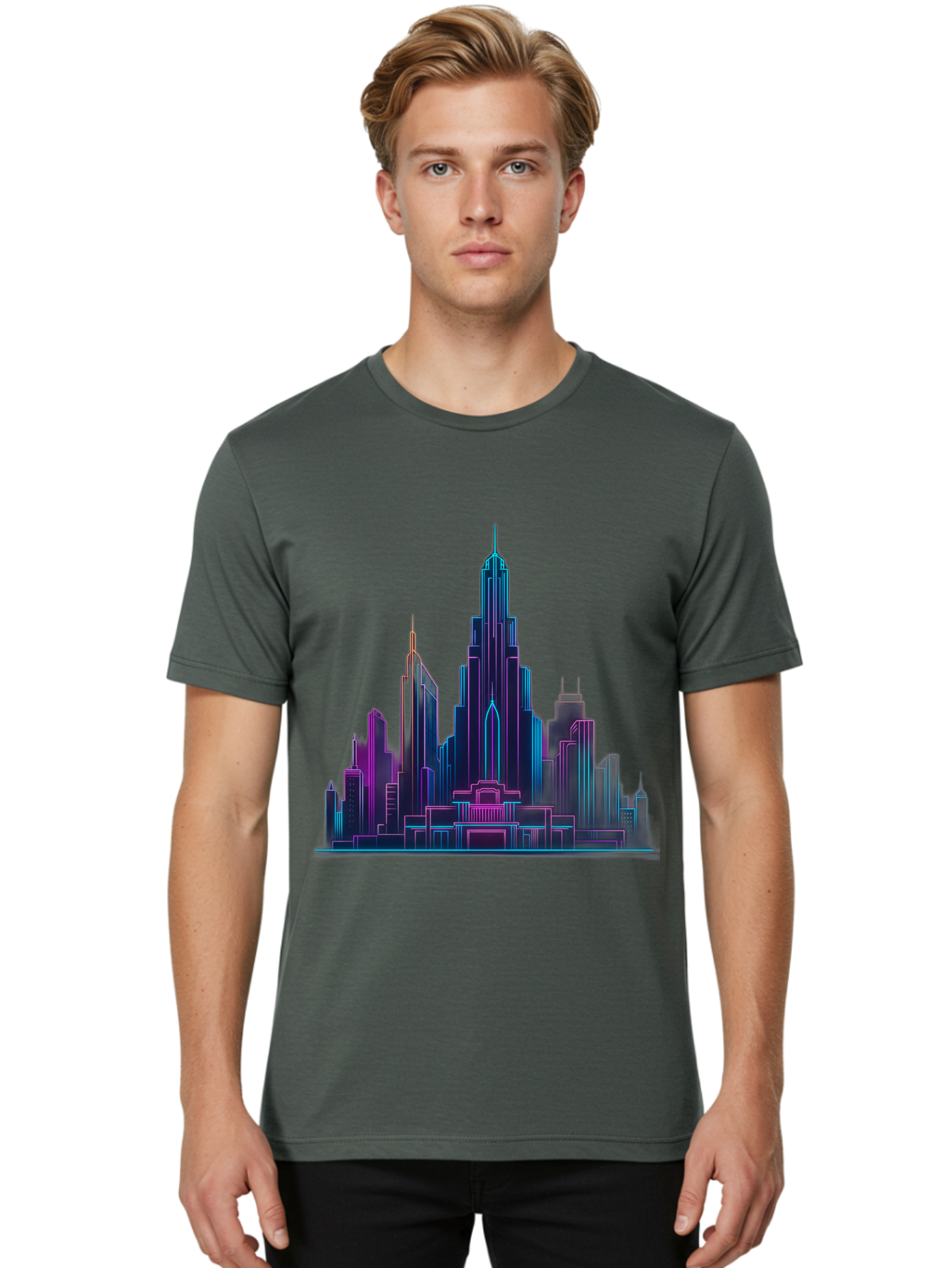 Cityscape-Skyscrapers Men'S Graphic Tee, 100% Cotton, Comfortable Casual Summer Wear, Machine Washable, City Skyline, Futuristic Architecture, Neon Lights, Modern Buildings, Urban Landscape, Skyscrapers, Cityscape, Contemporary Design, Baa321