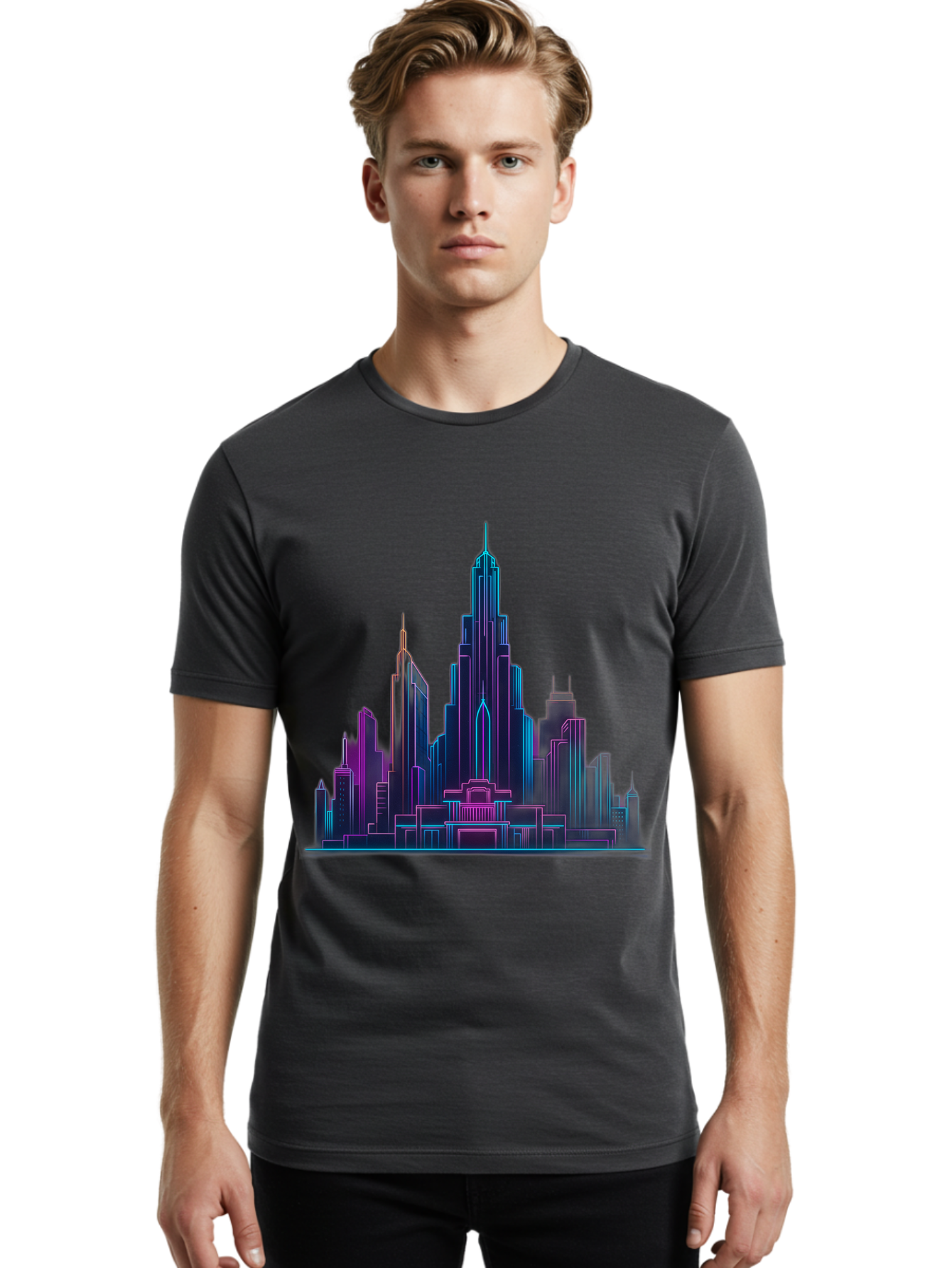 Cityscape-Skyscrapers Men'S Graphic Tee, 100% Cotton, Comfortable Casual Summer Wear, Machine Washable, City Skyline, Futuristic Architecture, Neon Lights, Modern Buildings, Urban Landscape, Skyscrapers, Cityscape, Contemporary Design, Baa321