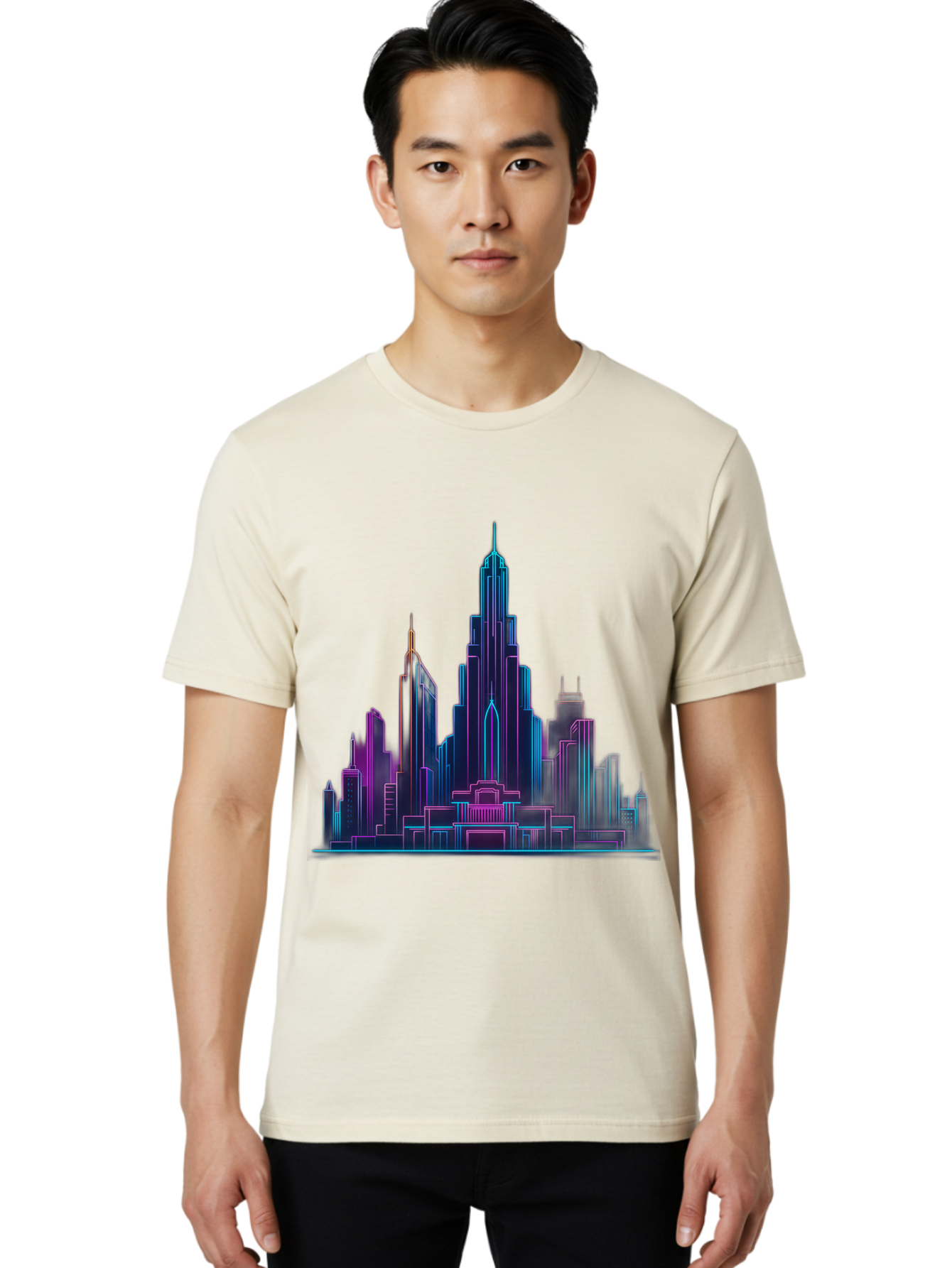 Cityscape-Skyscrapers Men'S Graphic Tee, 100% Cotton, Comfortable Casual Summer Wear, Machine Washable, City Skyline, Futuristic Architecture, Neon Lights, Modern Buildings, Urban Landscape, Skyscrapers, Cityscape, Contemporary Design, Baa321