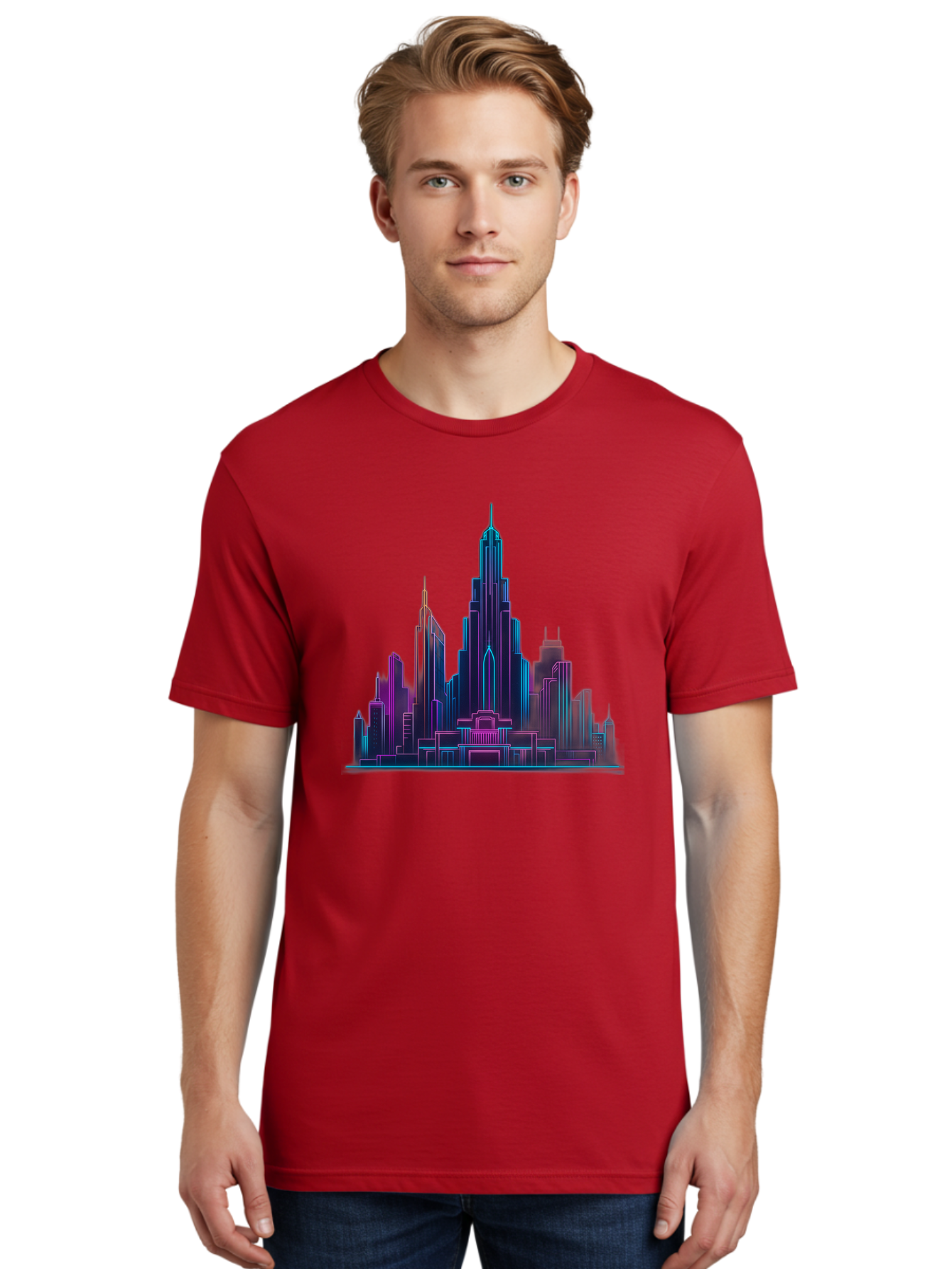 Cityscape-Skyscrapers Men'S Graphic Tee, 100% Cotton, Comfortable Casual Summer Wear, Machine Washable, City Skyline, Futuristic Architecture, Neon Lights, Modern Buildings, Urban Landscape, Skyscrapers, Cityscape, Contemporary Design, Baa321