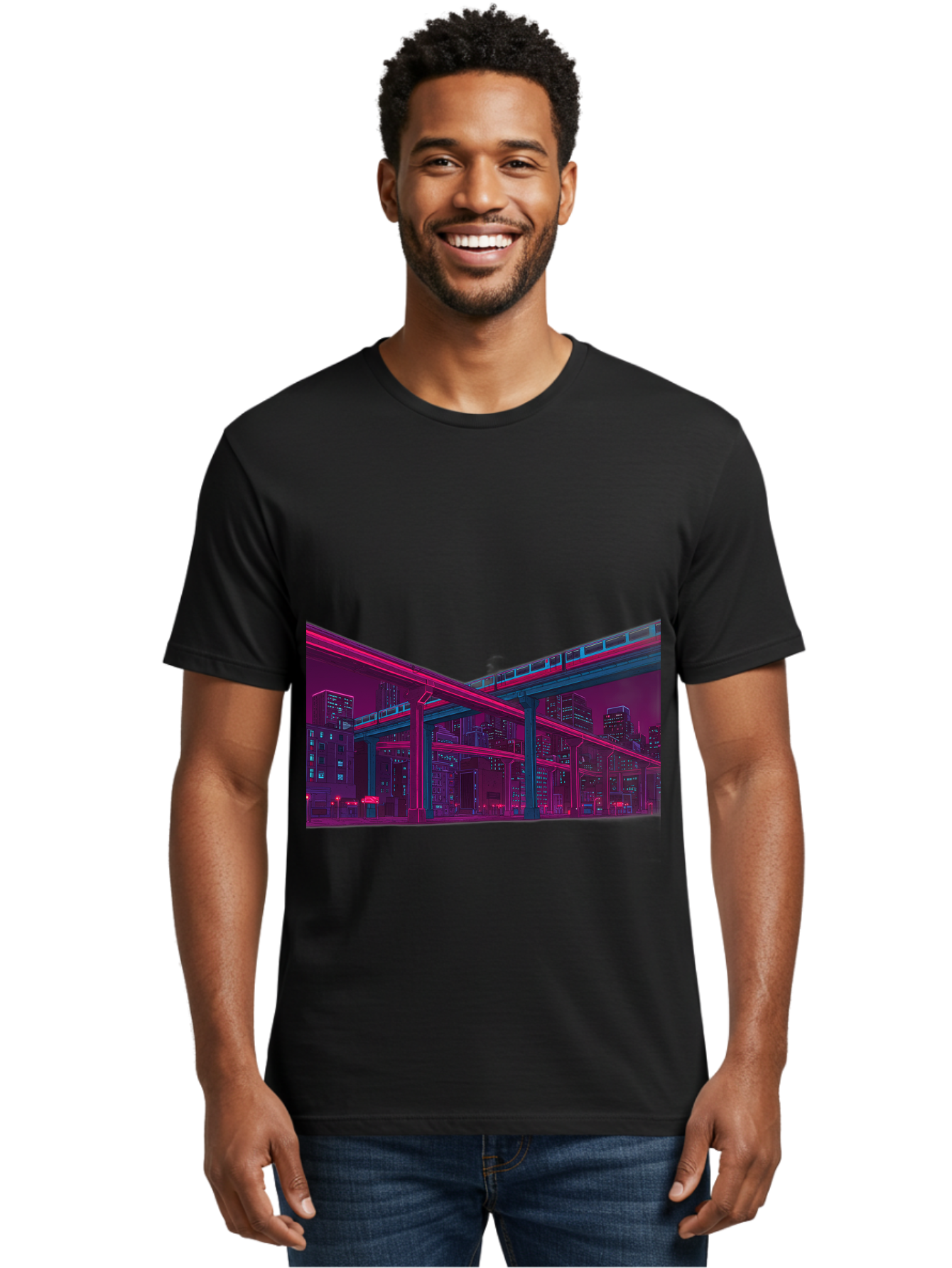 Cityscape Men'S Graphic Tee, 100% Cotton, Comfortable Casual Summer Wear, Machine Washable, Cityscape At Night, Urban Landscape, Neon Lights, City Buildings, Highway, Train, Futuristic Architecture, Modern City Life, City View Baa322