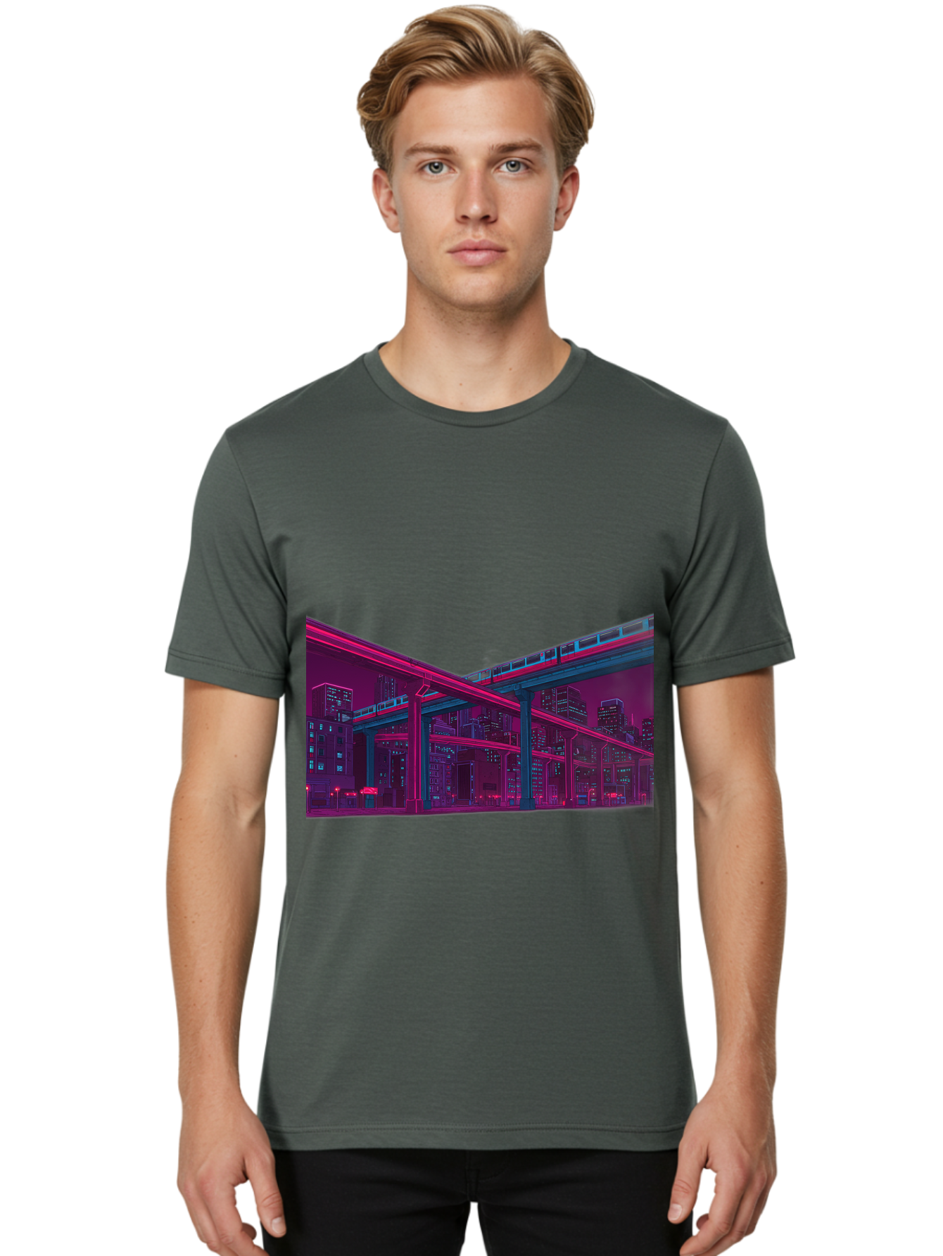Cityscape Men'S Graphic Tee, 100% Cotton, Comfortable Casual Summer Wear, Machine Washable, Cityscape At Night, Urban Landscape, Neon Lights, City Buildings, Highway, Train, Futuristic Architecture, Modern City Life, City View Baa322