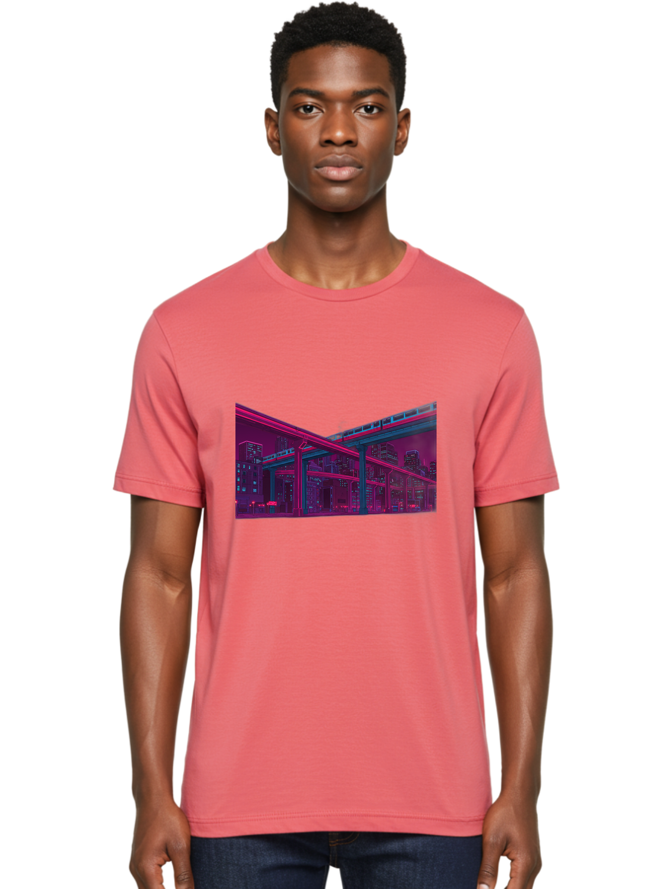 Cityscape Men'S Graphic Tee, 100% Cotton, Comfortable Casual Summer Wear, Machine Washable, Cityscape At Night, Urban Landscape, Neon Lights, City Buildings, Highway, Train, Futuristic Architecture, Modern City Life, City View Baa322