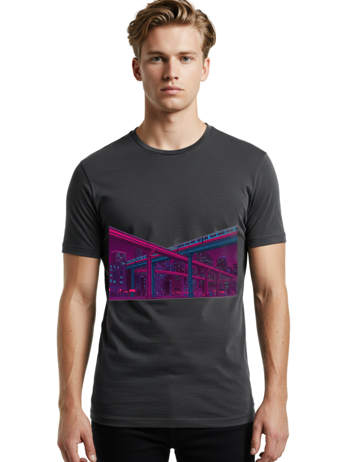 Cityscape Men'S Graphic Tee, 100% Cotton, Comfortable Casual Summer Wear, Machine Washable, Cityscape At Night, Urban Landscape, Neon Lights, City Buildings, Highway, Train, Futuristic Architecture, Modern City Life, City View Baa322