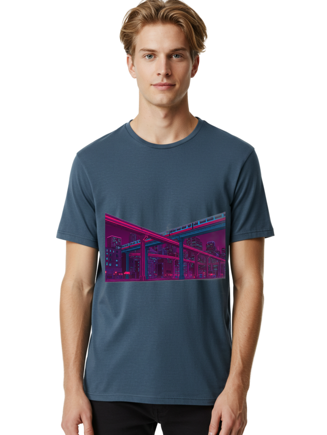 Cityscape Men'S Graphic Tee, 100% Cotton, Comfortable Casual Summer Wear, Machine Washable, Cityscape At Night, Urban Landscape, Neon Lights, City Buildings, Highway, Train, Futuristic Architecture, Modern City Life, City View Baa322