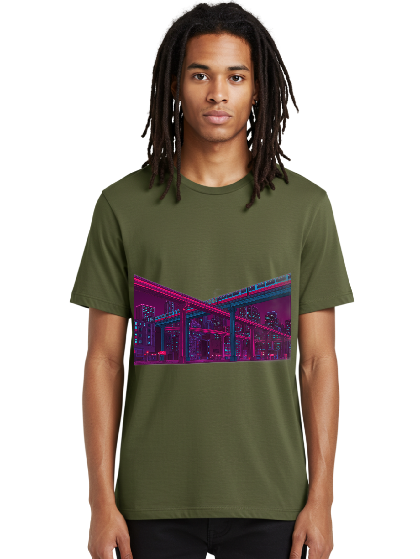 Cityscape Men'S Graphic Tee, 100% Cotton, Comfortable Casual Summer Wear, Machine Washable, Cityscape At Night, Urban Landscape, Neon Lights, City Buildings, Highway, Train, Futuristic Architecture, Modern City Life, City View Baa322
