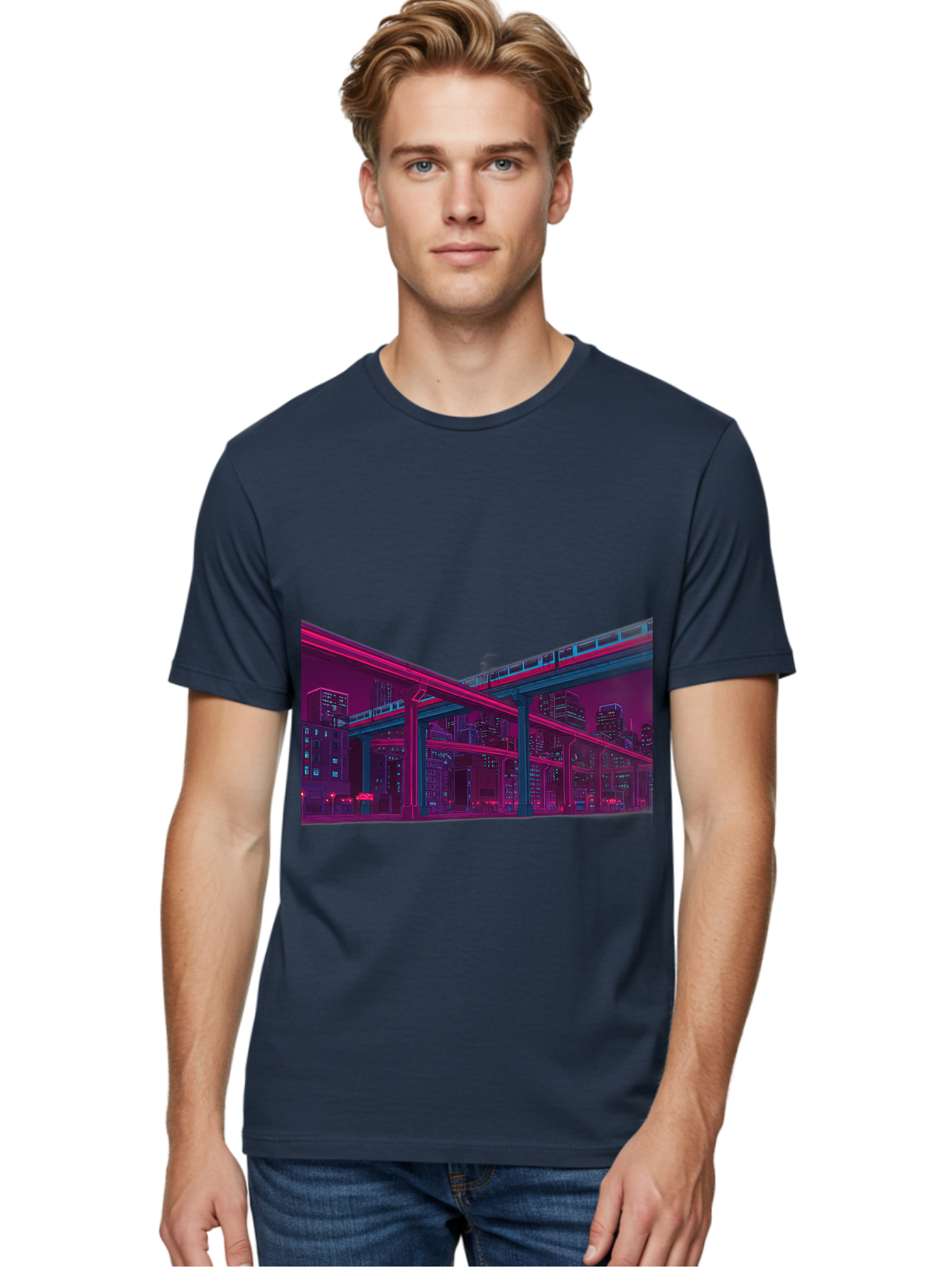 Cityscape Men'S Graphic Tee, 100% Cotton, Comfortable Casual Summer Wear, Machine Washable, Cityscape At Night, Urban Landscape, Neon Lights, City Buildings, Highway, Train, Futuristic Architecture, Modern City Life, City View Baa322