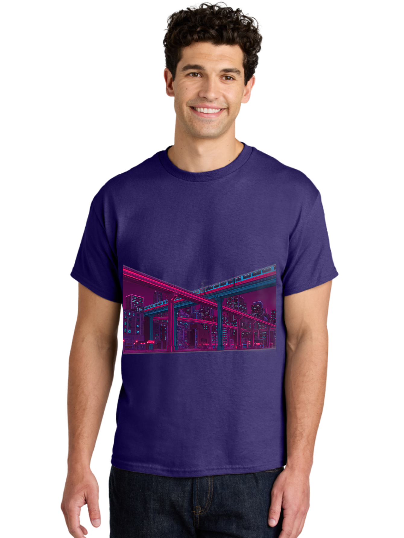 Cityscape Men'S Graphic Tee, 100% Cotton, Comfortable Casual Summer Wear, Machine Washable, Cityscape At Night, Urban Landscape, Neon Lights, City Buildings, Highway, Train, Futuristic Architecture, Modern City Life, City View Baa322