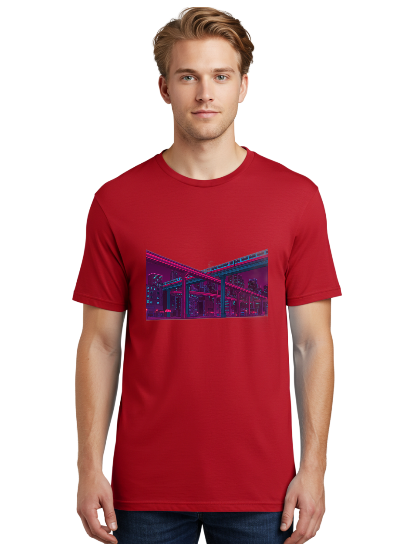 Cityscape Men'S Graphic Tee, 100% Cotton, Comfortable Casual Summer Wear, Machine Washable, Cityscape At Night, Urban Landscape, Neon Lights, City Buildings, Highway, Train, Futuristic Architecture, Modern City Life, City View Baa322