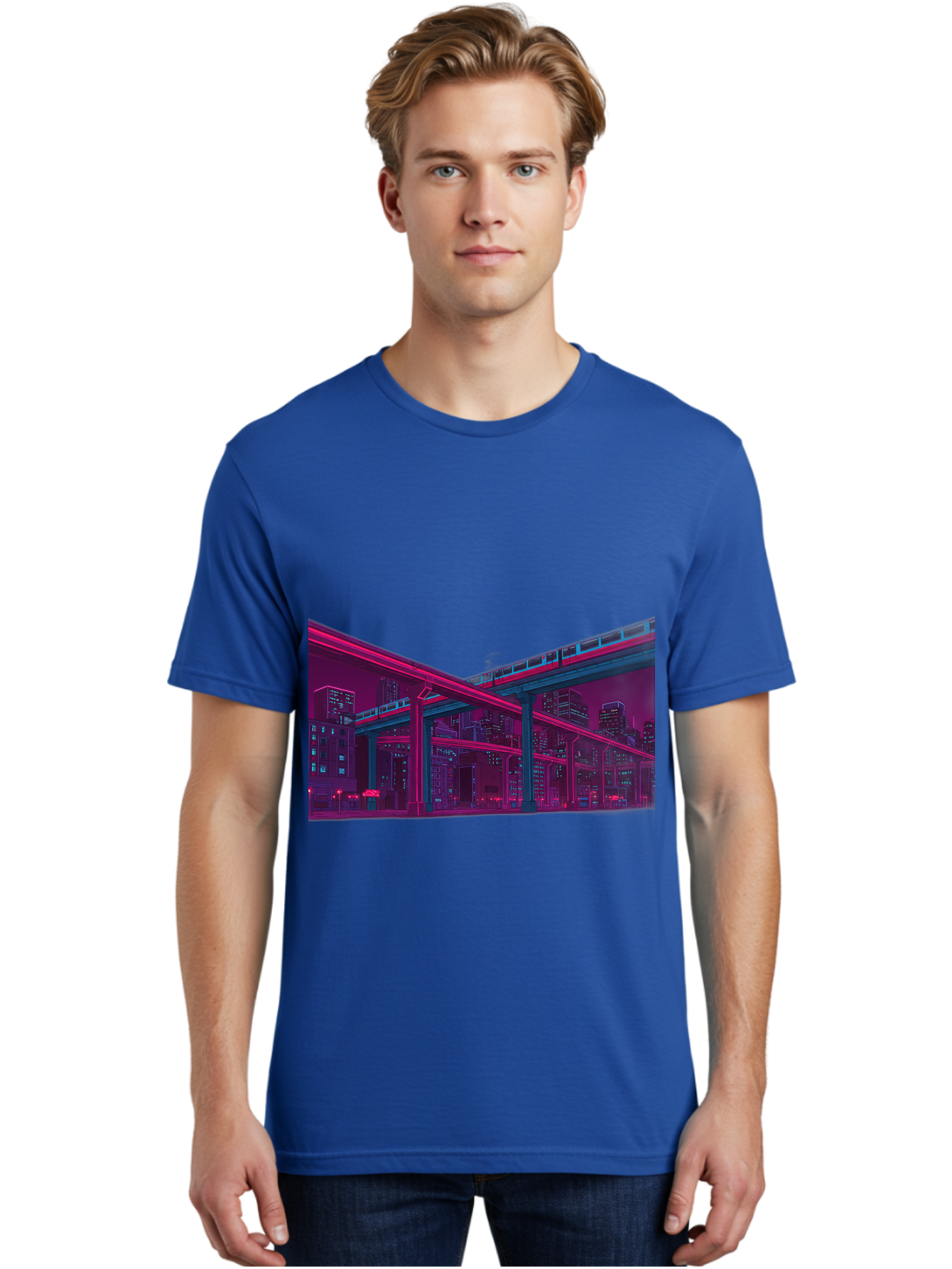 Cityscape Men'S Graphic Tee, 100% Cotton, Comfortable Casual Summer Wear, Machine Washable, Cityscape At Night, Urban Landscape, Neon Lights, City Buildings, Highway, Train, Futuristic Architecture, Modern City Life, City View Baa322