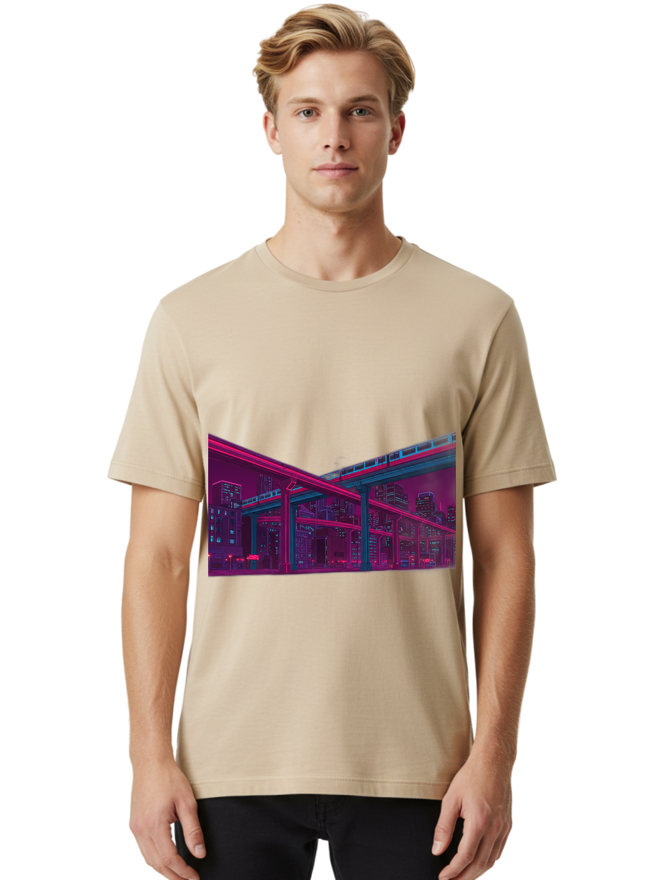 Cityscape Men'S Graphic Tee, 100% Cotton, Comfortable Casual Summer Wear, Machine Washable, Cityscape At Night, Urban Landscape, Neon Lights, City Buildings, Highway, Train, Futuristic Architecture, Modern City Life, City View Baa322
