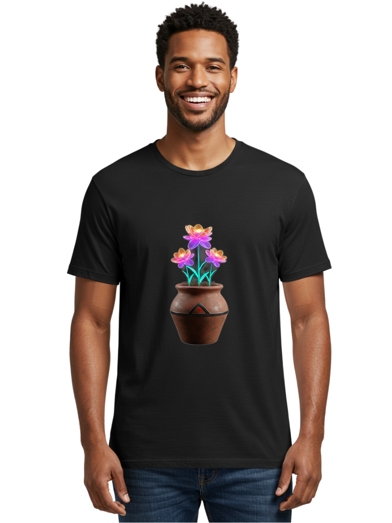 Clay-Pot-Flowers Men'S Graphic Tee, 100% Cotton, Comfortable Casual Summer Wear, Machine Washable, Colorful Flowers, Pink Petals, Orange Center, Clay Pot, Terracotta, Floral Arrangement, Vibrant Colors, Decorative Pot, Flower Bouquet Baa324