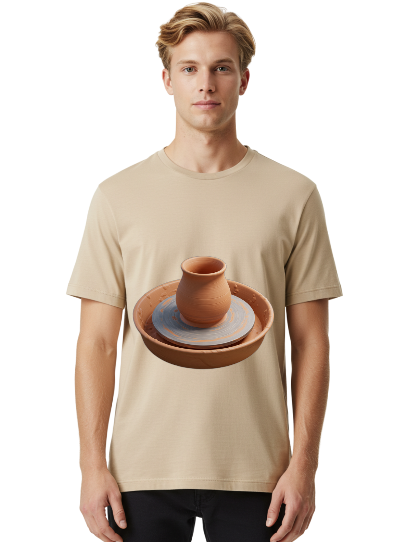 Clay-Pot-On-Pottery-Wheel Men'S Graphic Tee, 100% Cotton, Comfortable Casual Summer Wear, Machine Washable, Pottery Wheel, Clay Pot, Ceramics, Pottery Making, Handmade Crafts, Artisanal Pottery, Terracotta, Pottery Wheel Spinning Baa325