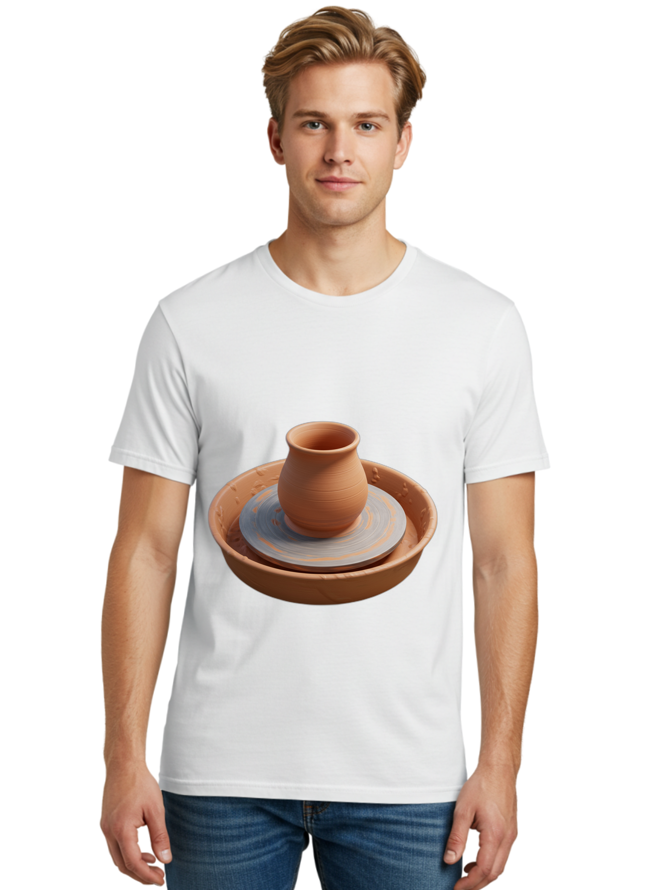 Clay-Pot-On-Pottery-Wheel Men'S Graphic Tee, 100% Cotton, Comfortable Casual Summer Wear, Machine Washable, Pottery Wheel, Clay Pot, Ceramics, Pottery Making, Handmade Crafts, Artisanal Pottery, Terracotta, Pottery Wheel Spinning Baa325