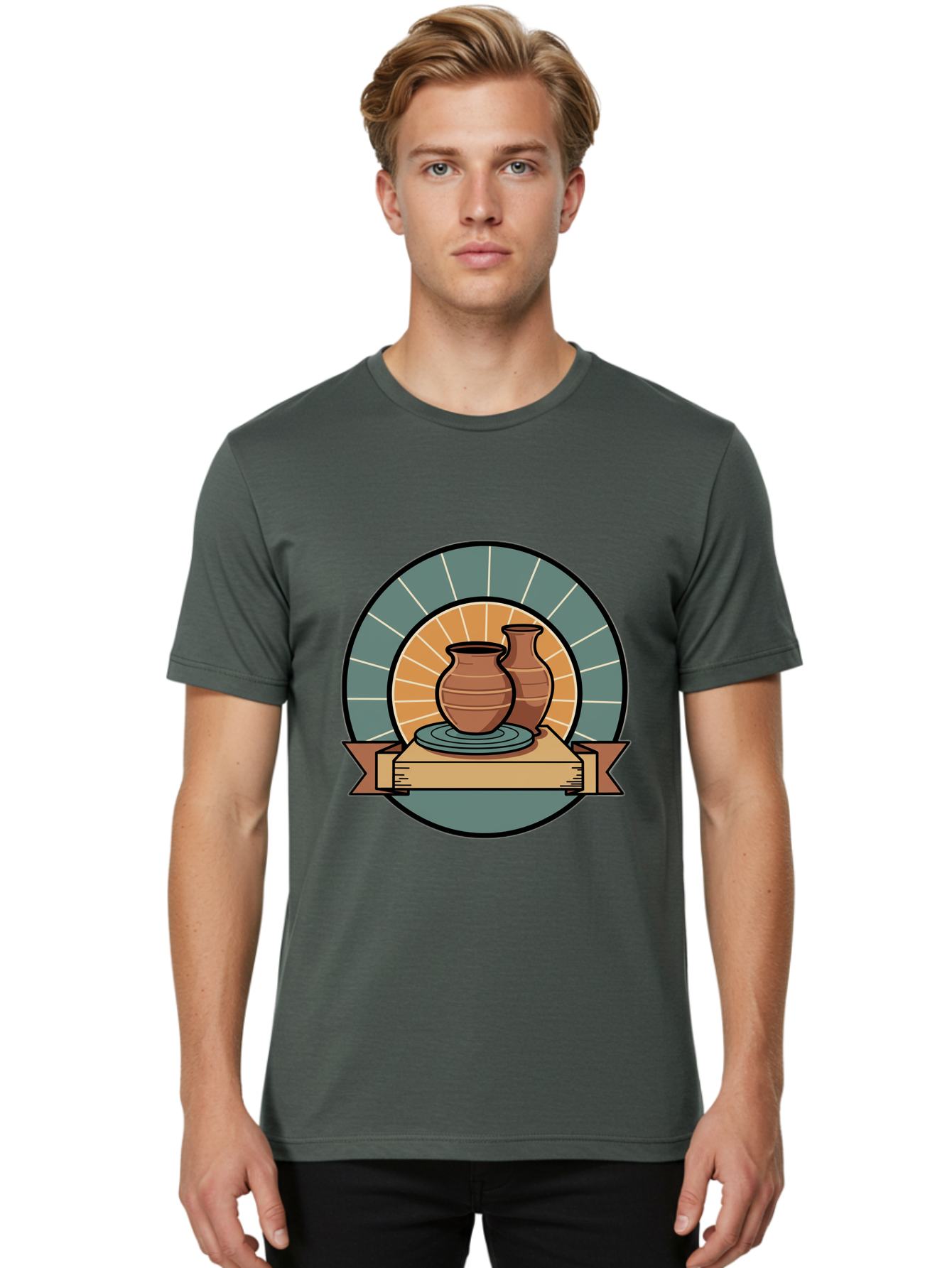 Clay-Pots-On-Pottery-Wheel Men'S Graphic Tee, 100% Cotton, Comfortable Casual Summer Wear, Machine Washable, Pottery Wheel, Clay Vases, Ceramics, Handmade Pottery, Artisanal Crafts, Pottery Art, Potter'S Wheel, Clay Pots, Decorative Vases, Baa328