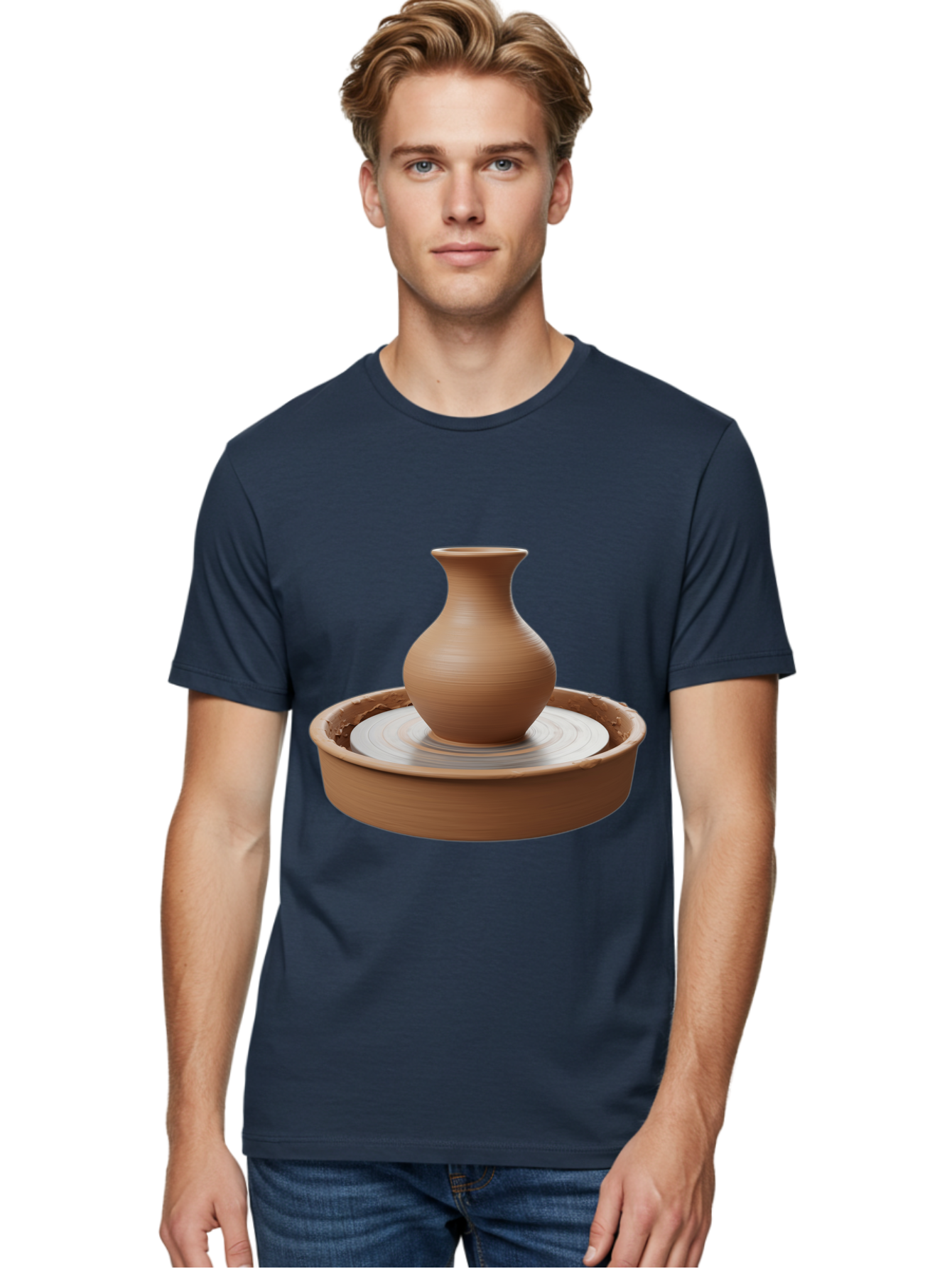Clay-Vase-On-Pottery-Wheel Men'S Graphic Tee, 100% Cotton, Comfortable Casual Summer Wear, Machine Washable, Pottery Wheel, Clay Vase, Handmade Ceramics, Terra Cotta, Crafting, Artisanal Pottery, Wheel-Thrown Pottery, Ceramic Art, Baa330