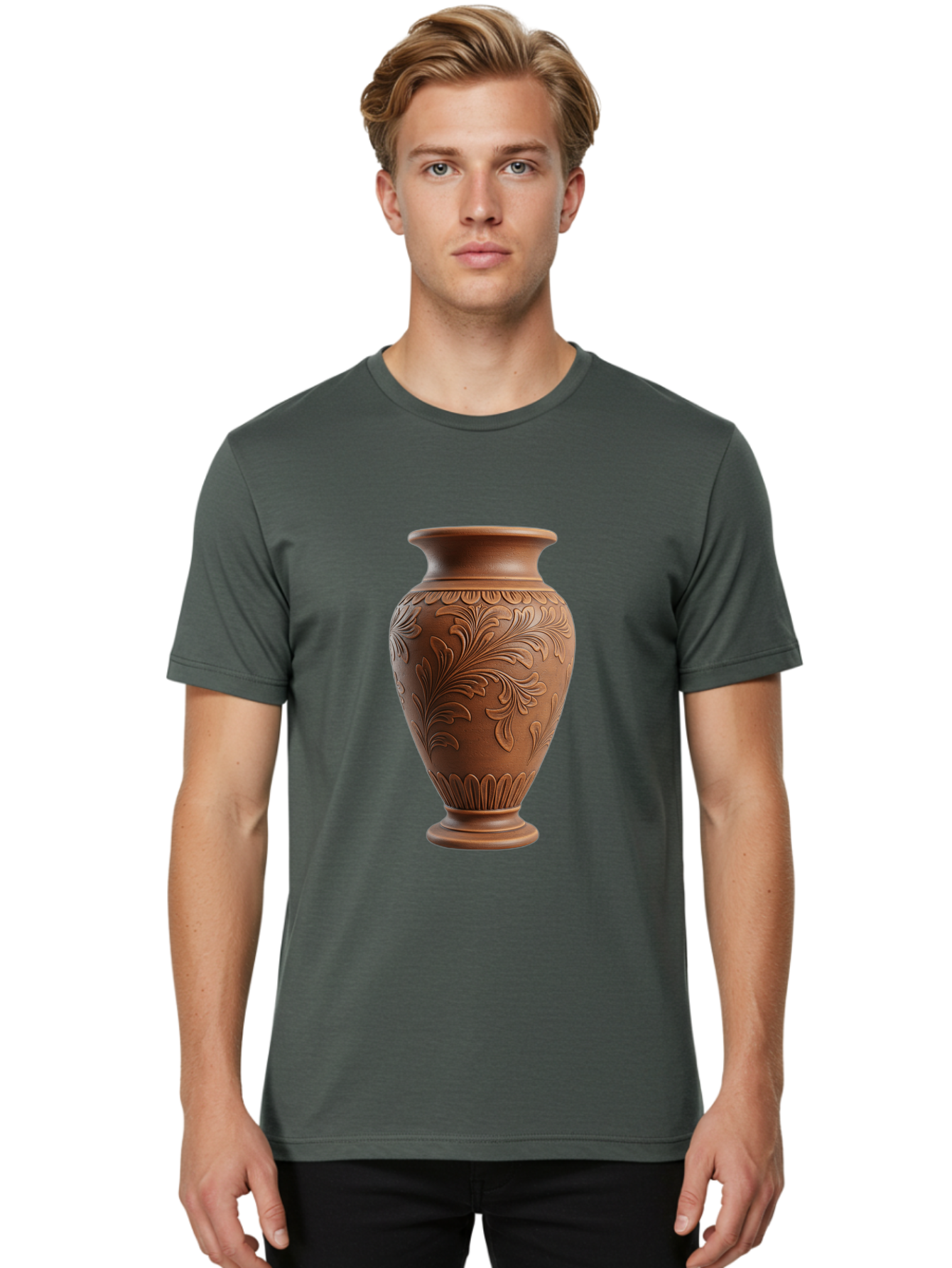 Clay-Vase-With-Floral-Pattern Men'S Graphic Tee, 100% Cotton, Comfortable Casual Summer Wear, Machine Washable, Terracotta Vase, Clay Pottery, Ornate Design, Floral Pattern, Traditional Craftsmanship, Earthy Tones, Vintage Decor, Home Decor, Baa331