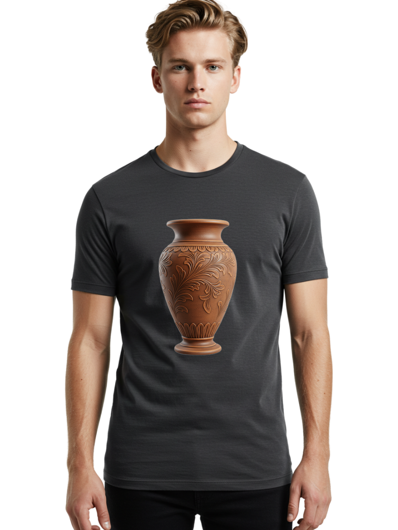 Clay-Vase-With-Floral-Pattern Men'S Graphic Tee, 100% Cotton, Comfortable Casual Summer Wear, Machine Washable, Terracotta Vase, Clay Pottery, Ornate Design, Floral Pattern, Traditional Craftsmanship, Earthy Tones, Vintage Decor, Home Decor, Baa331