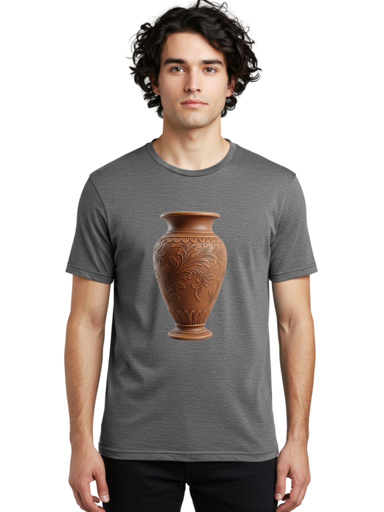 Clay-Vase-With-Floral-Pattern Men'S Graphic Tee, 100% Cotton, Comfortable Casual Summer Wear, Machine Washable, Terracotta Vase, Clay Pottery, Ornate Design, Floral Pattern, Traditional Craftsmanship, Earthy Tones, Vintage Decor, Home Decor, Baa331