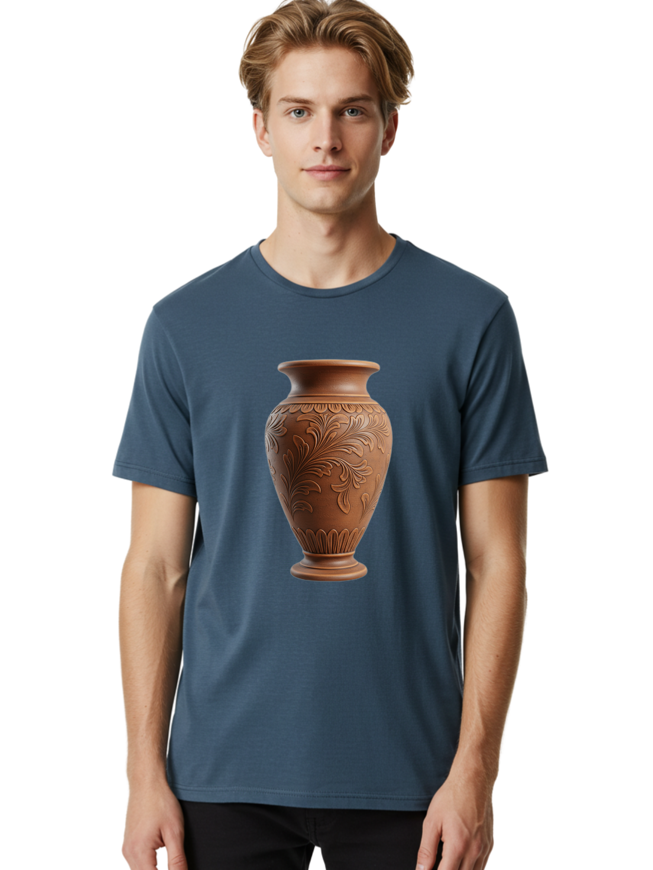 Clay-Vase-With-Floral-Pattern Men'S Graphic Tee, 100% Cotton, Comfortable Casual Summer Wear, Machine Washable, Terracotta Vase, Clay Pottery, Ornate Design, Floral Pattern, Traditional Craftsmanship, Earthy Tones, Vintage Decor, Home Decor, Baa331