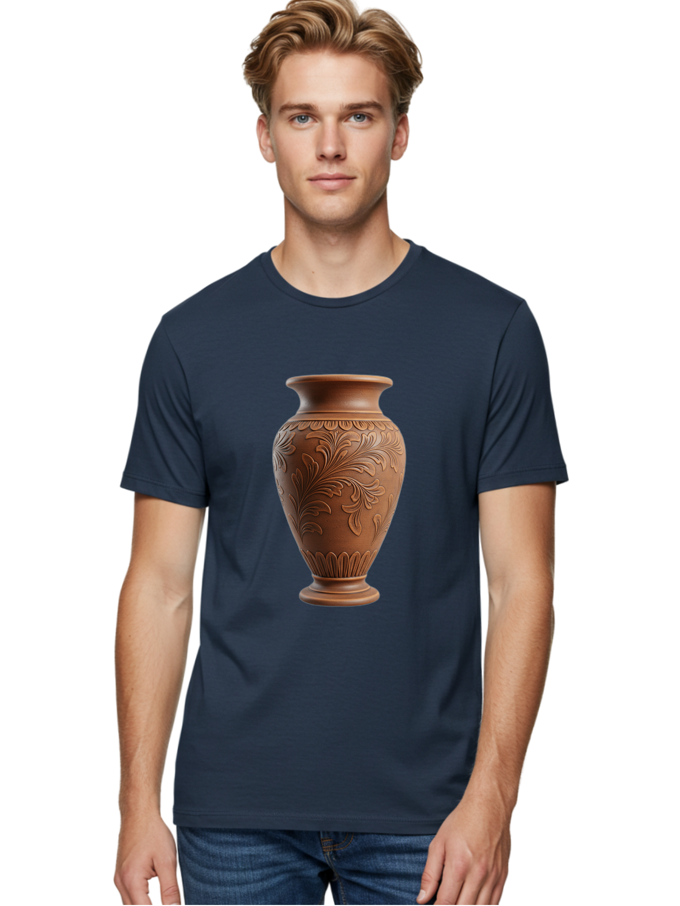 Clay-Vase-With-Floral-Pattern Men'S Graphic Tee, 100% Cotton, Comfortable Casual Summer Wear, Machine Washable, Terracotta Vase, Clay Pottery, Ornate Design, Floral Pattern, Traditional Craftsmanship, Earthy Tones, Vintage Decor, Home Decor, Baa331